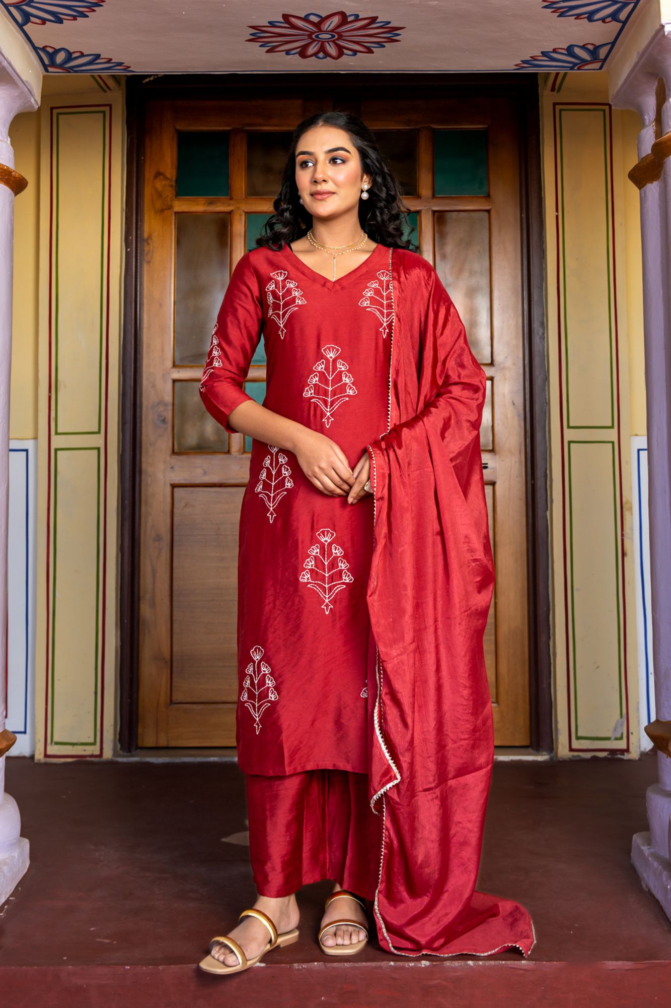 RAVYA CHANDERI THREAD KURTA SET