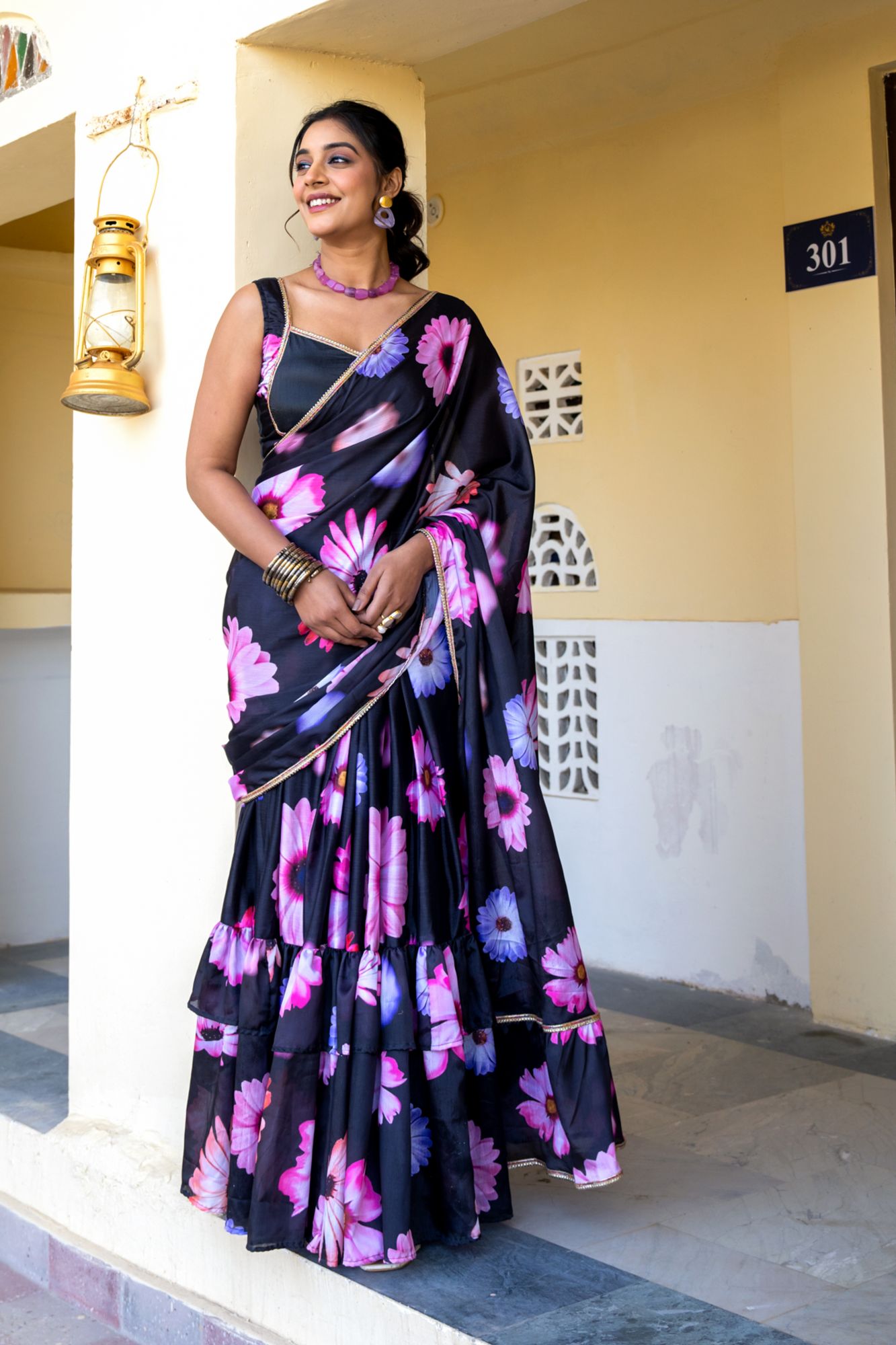 MIDNIGHT BLOOM CHINON PRE-DRAPED SAREE
