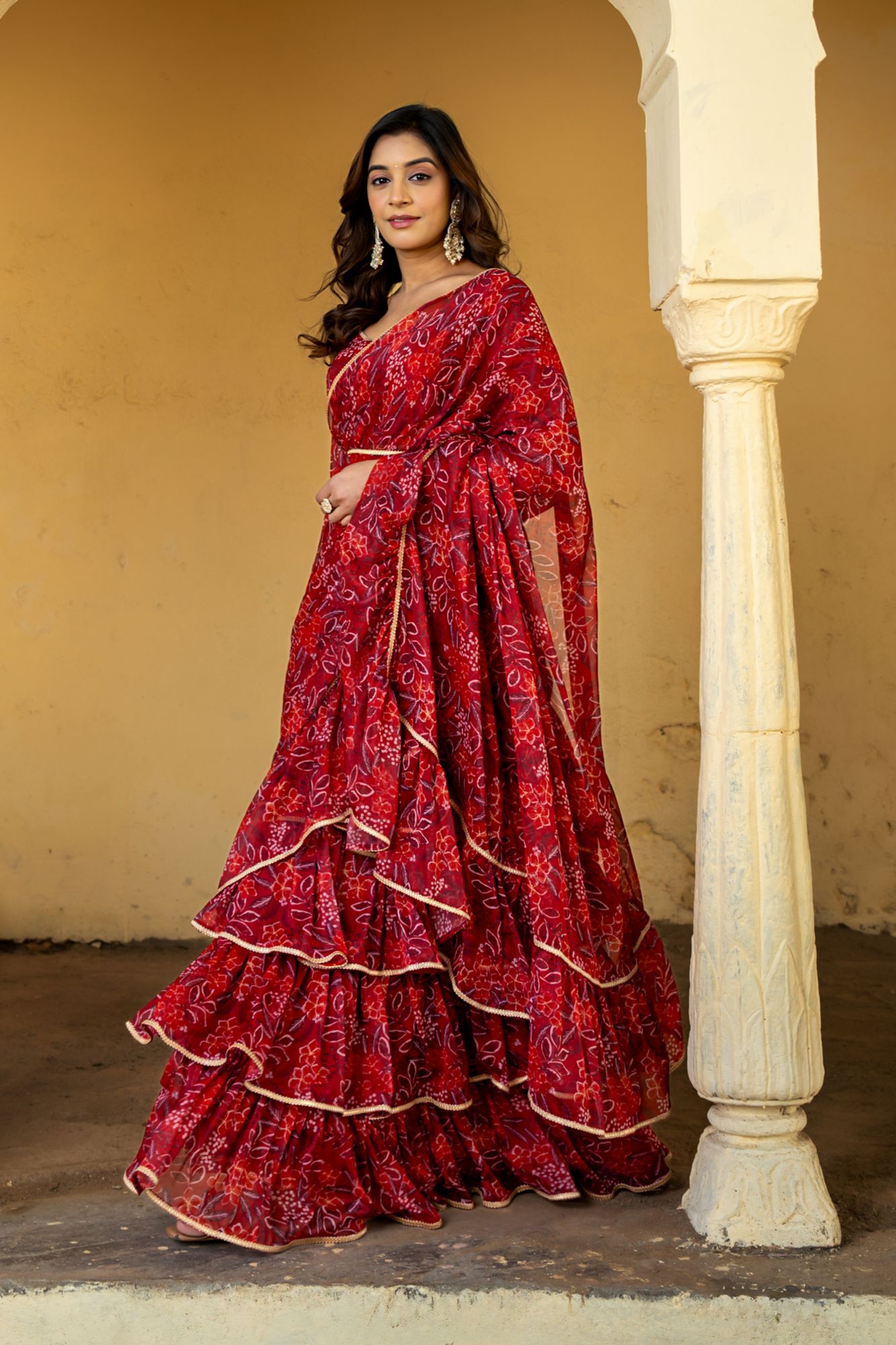 CRIMSON CHIFFON PRE-DRAPED SAREE