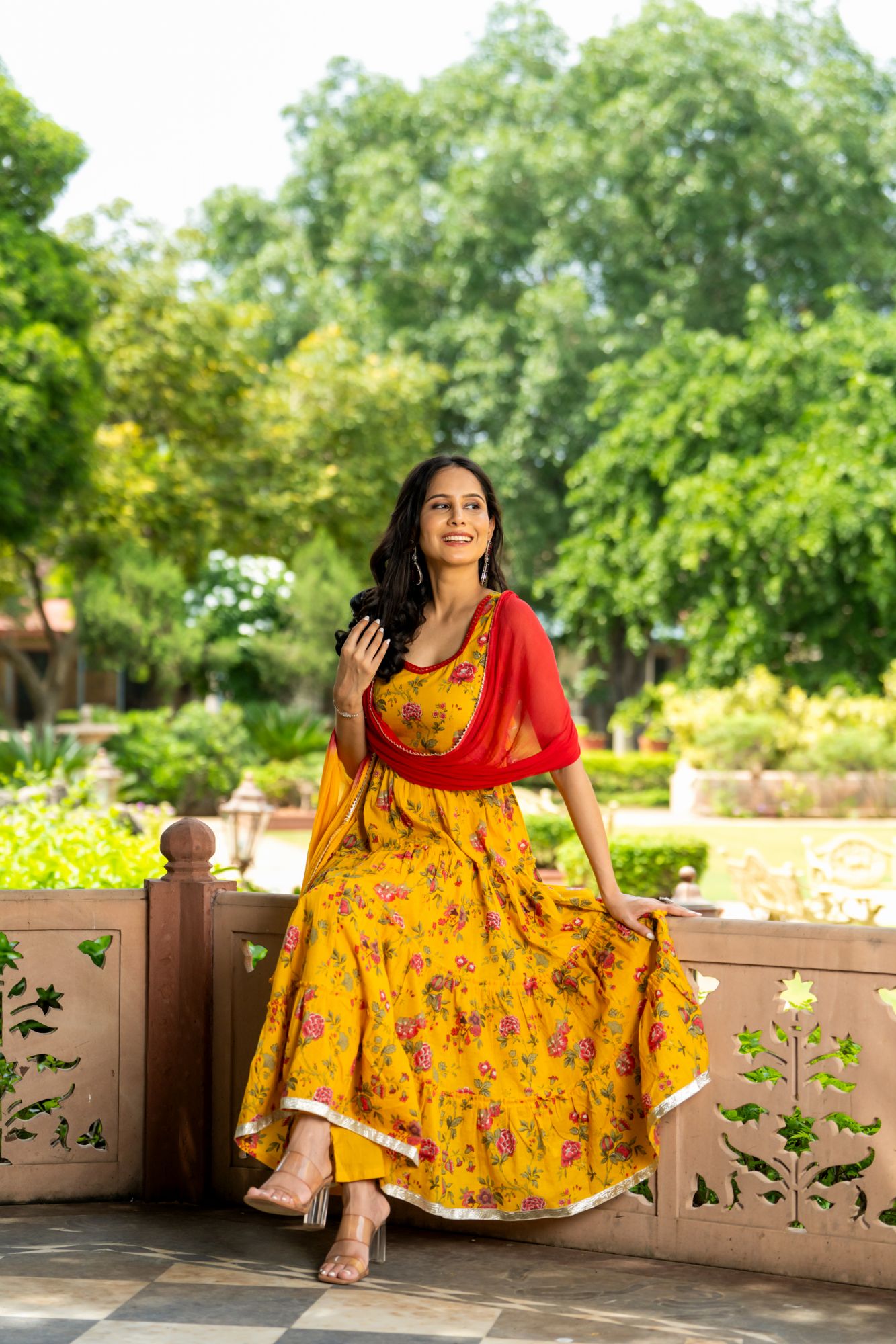 MUSTARD MIRROR BLOSSOM ANARKALI SET