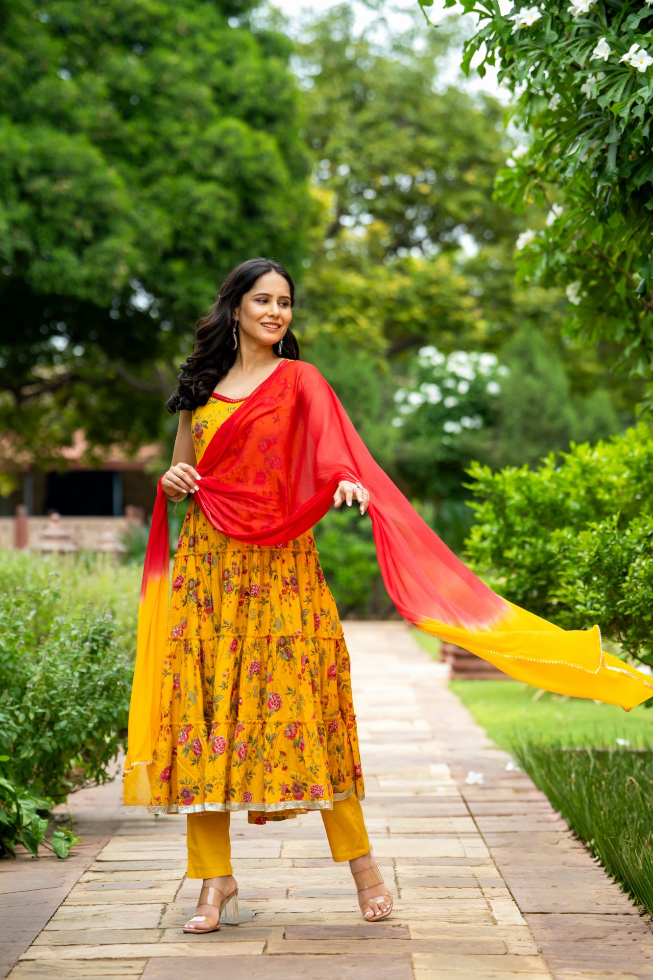 MUSTARD MIRROR BLOSSOM ANARKALI SET