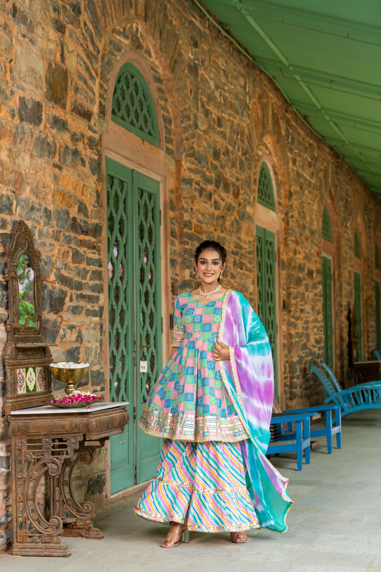 LUXE BLUE BANDHANI SHARARA SET