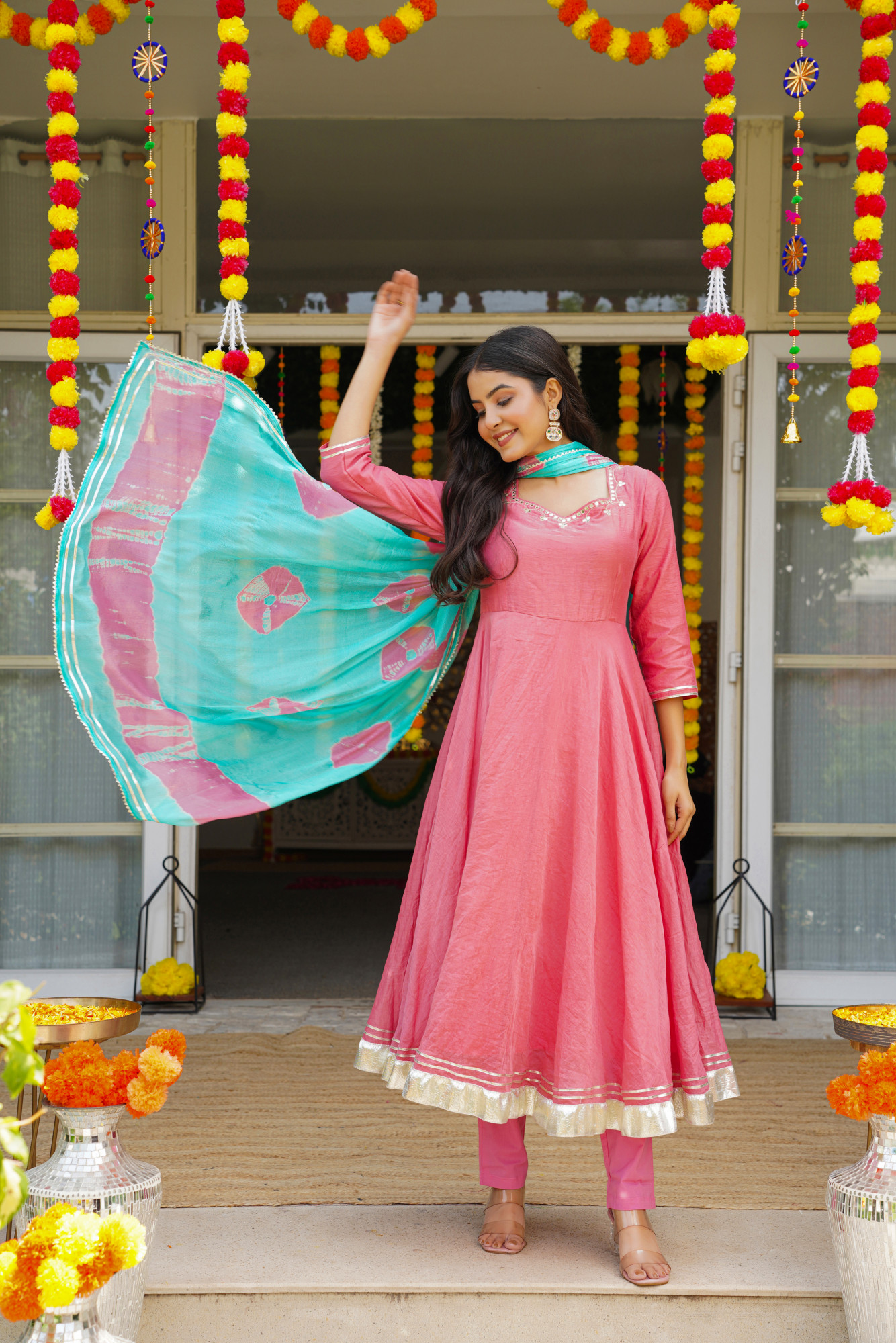 PEACH MIRROR SPARK ANARKALI SET
