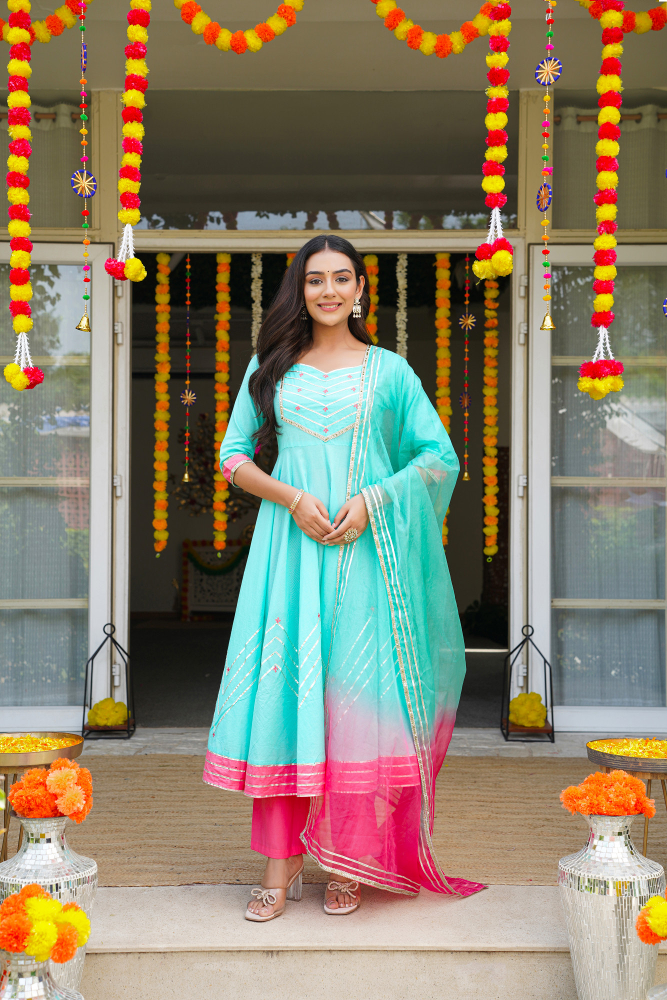 TURKQUOISE GOTA CHARM ANARKALI SET