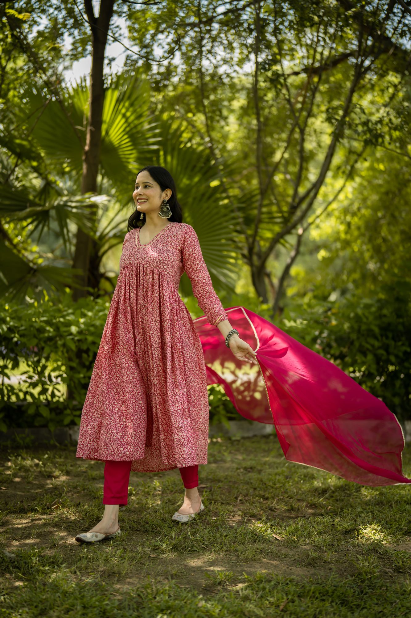 PINK COTTON FLARED KURTA SET