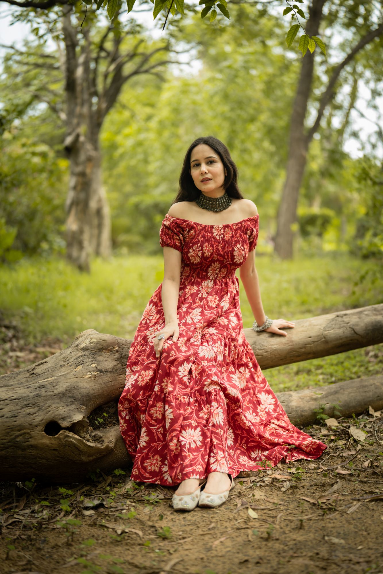 RED COTTON OFF-SHOULDER TIERED DRESS