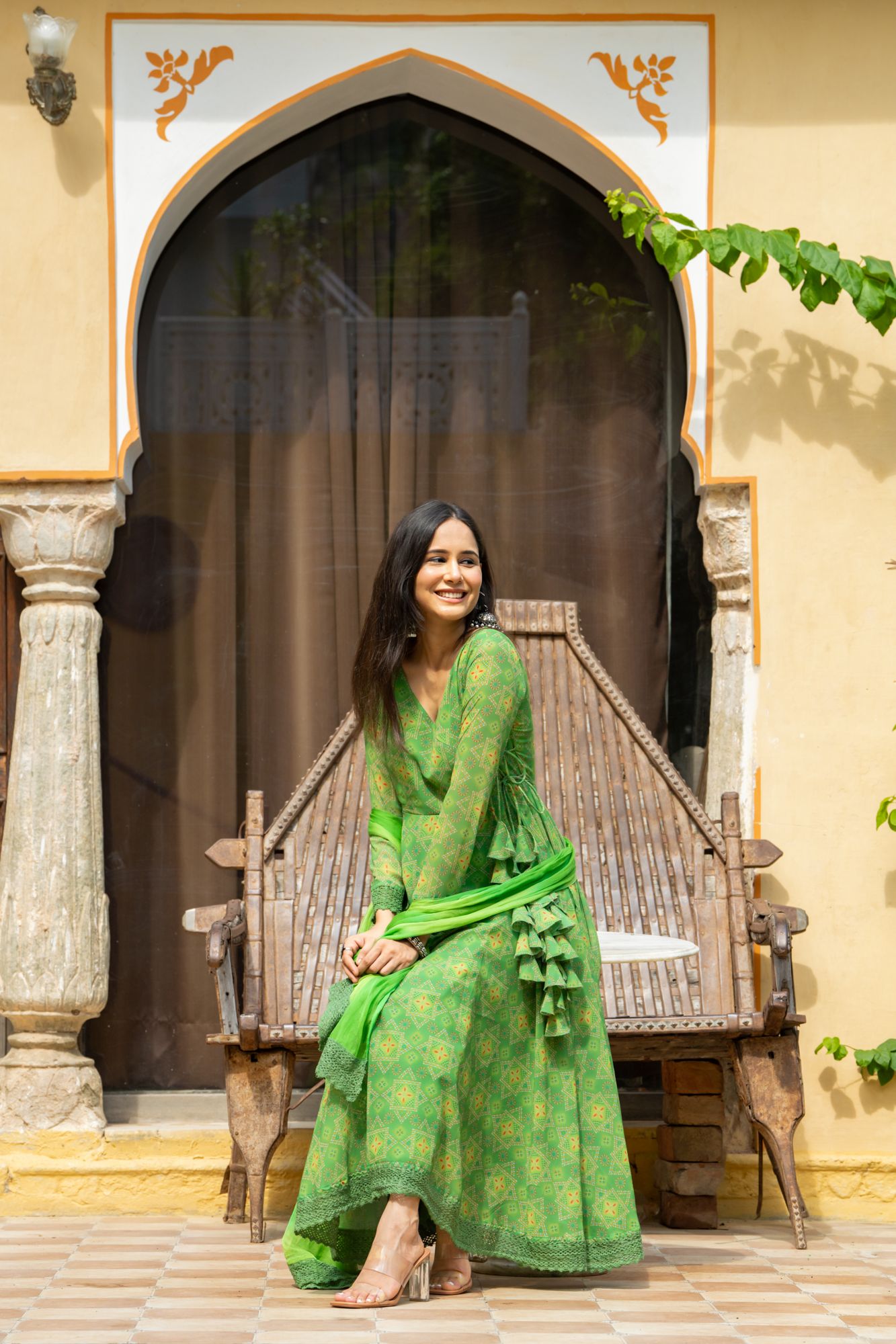 GREEN GEORGETTE BANDHEJ SUIT SET
