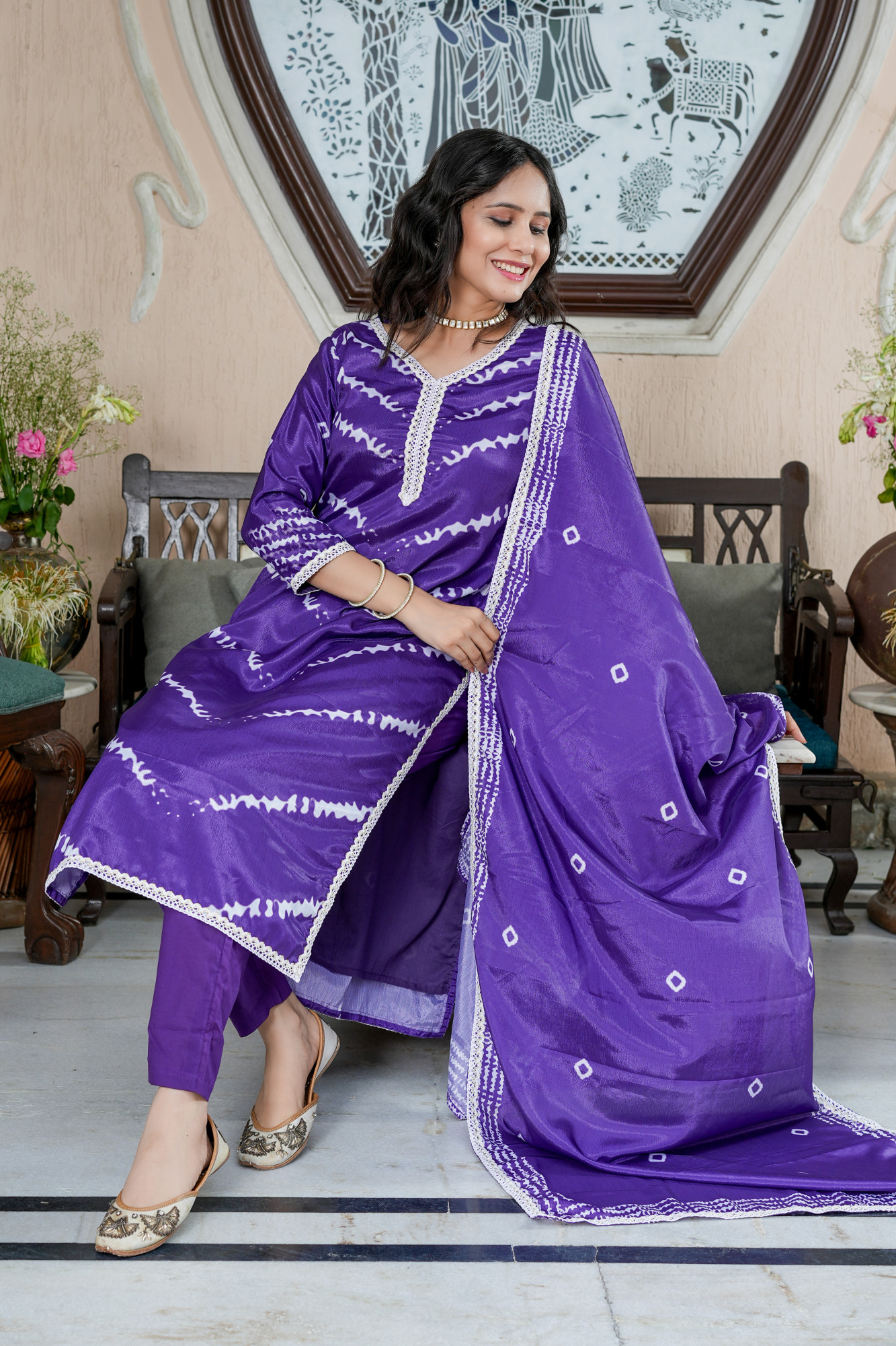 PURPLE LEHERIYA EMBELLISHED KURTA SET