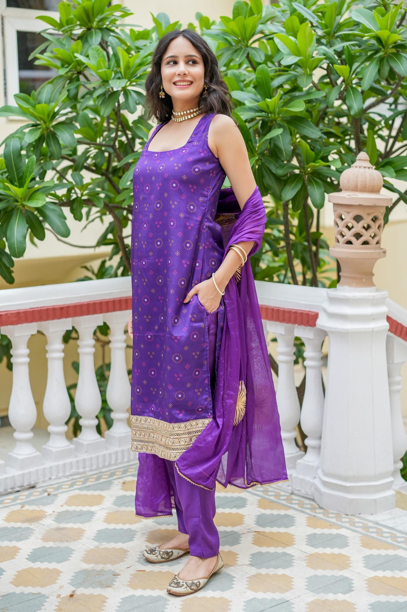 MIHIRA ROYAL PURPLE BANDHANI KURTA SET