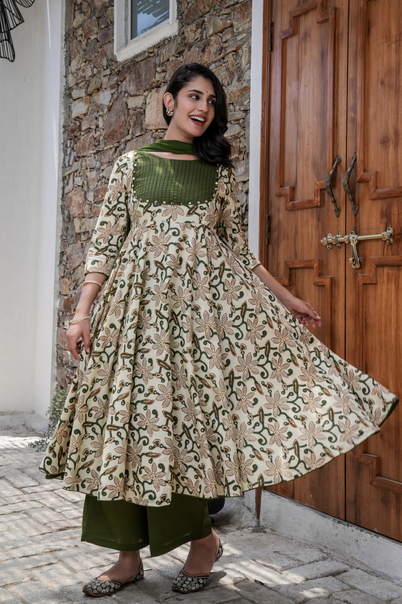 GOLF GREEN COTTON ANARKALI SET