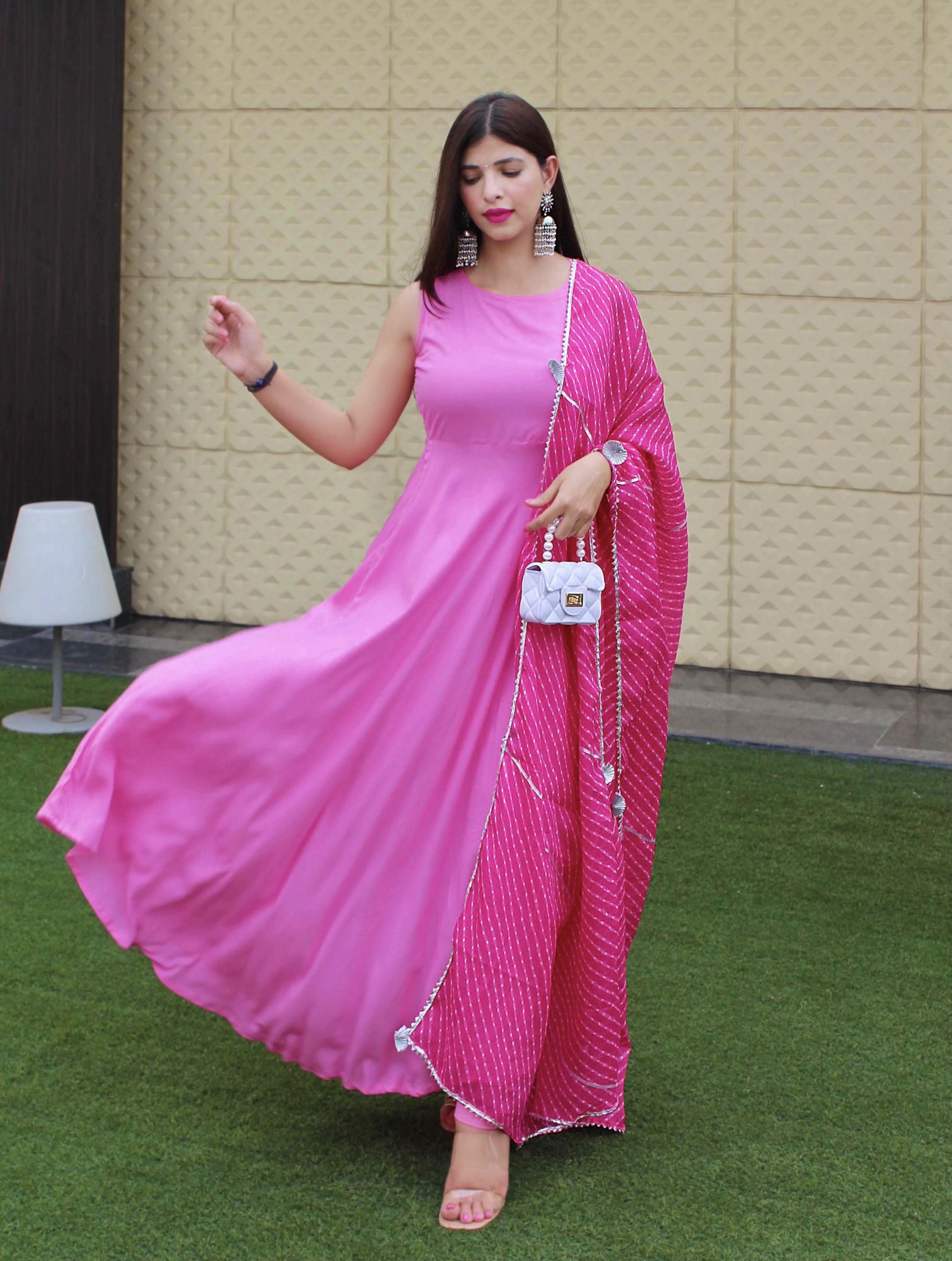 HOT PINK ANARKALI TASSAL SUIT SET