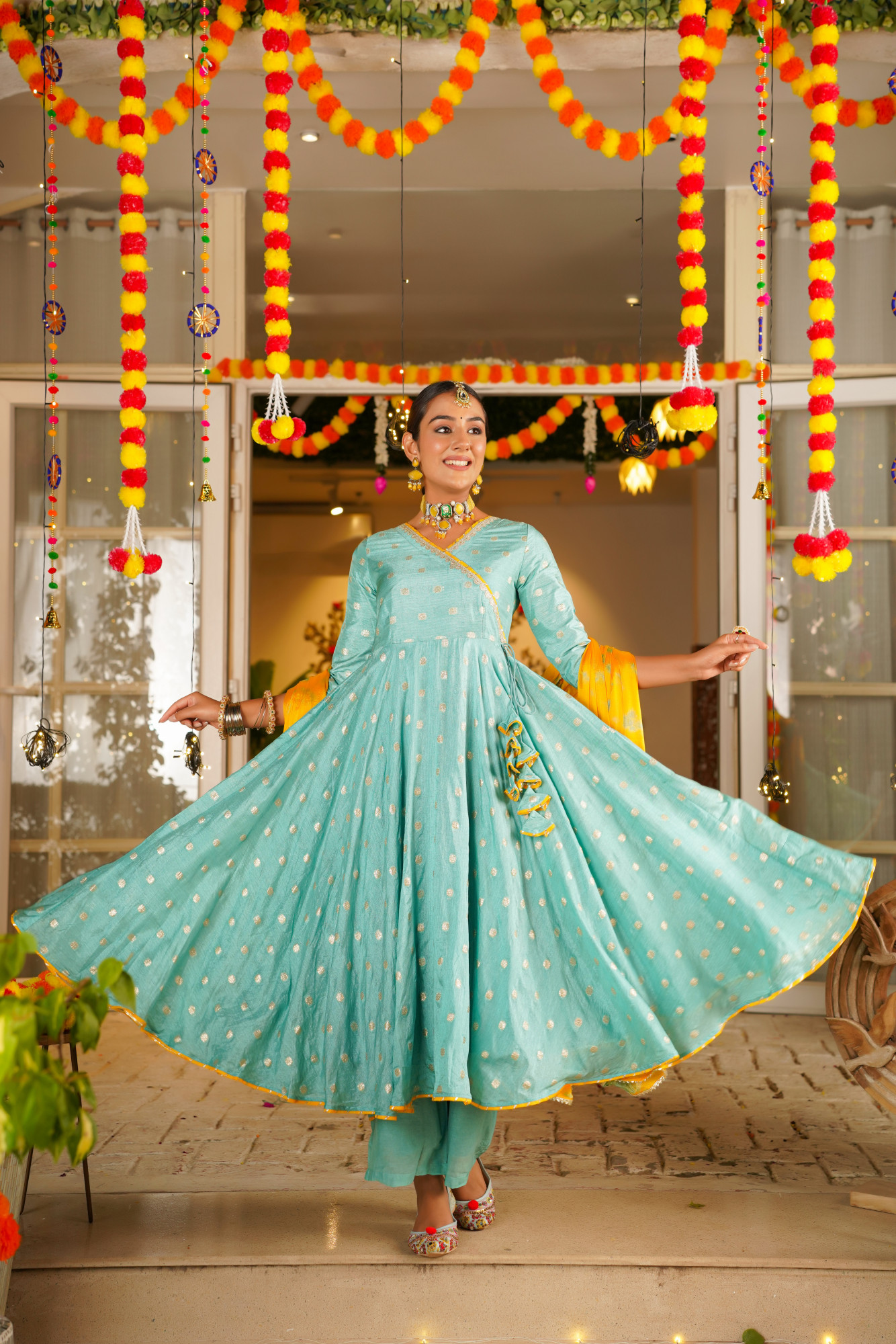 TURQUOISE SILK ANARKALI SET