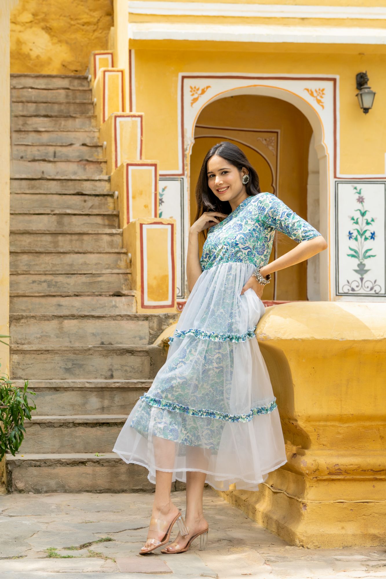 BLUE ORGANZA TIERED DRESS