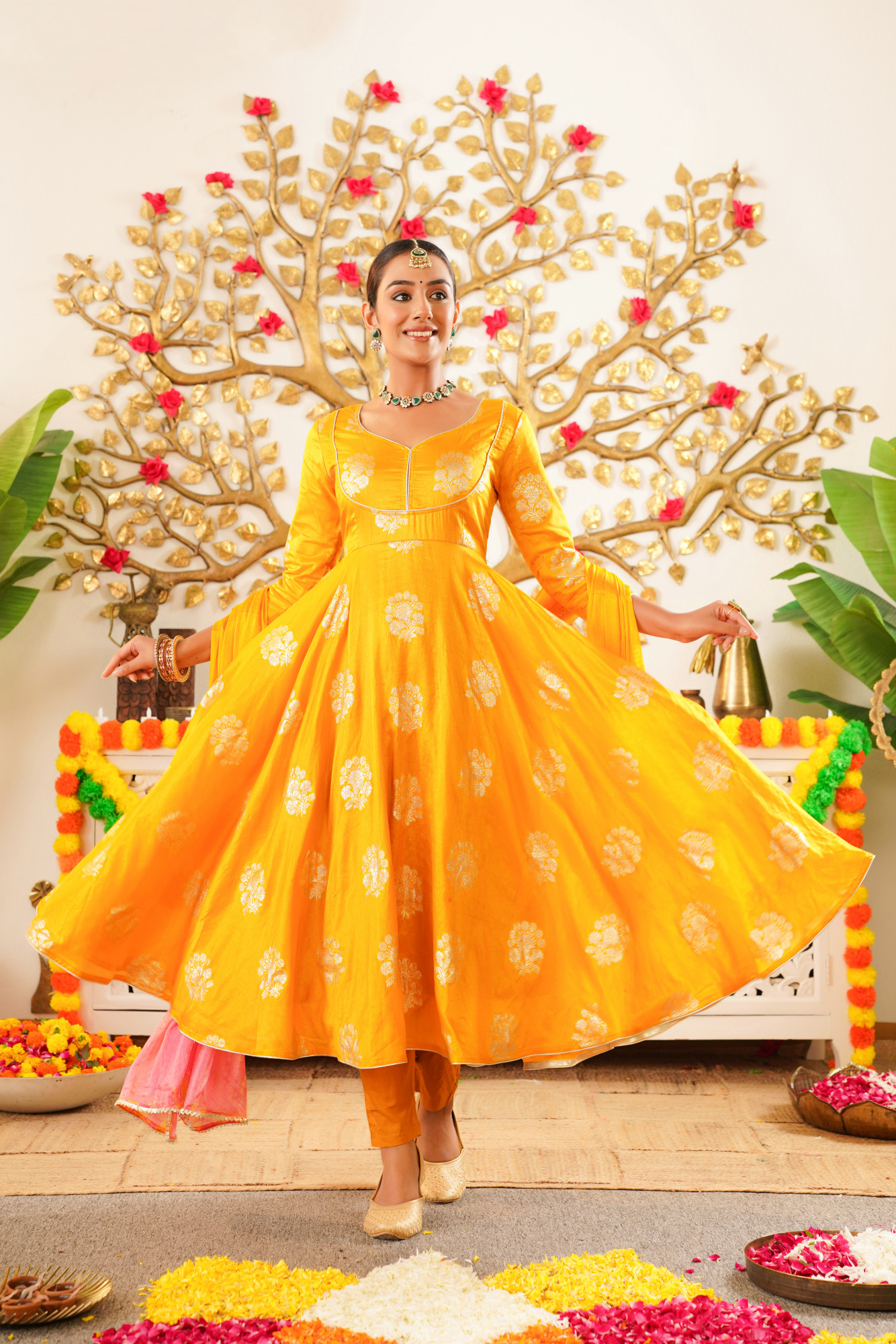 FLOWY MUSTARD SILK ANARKALI SET