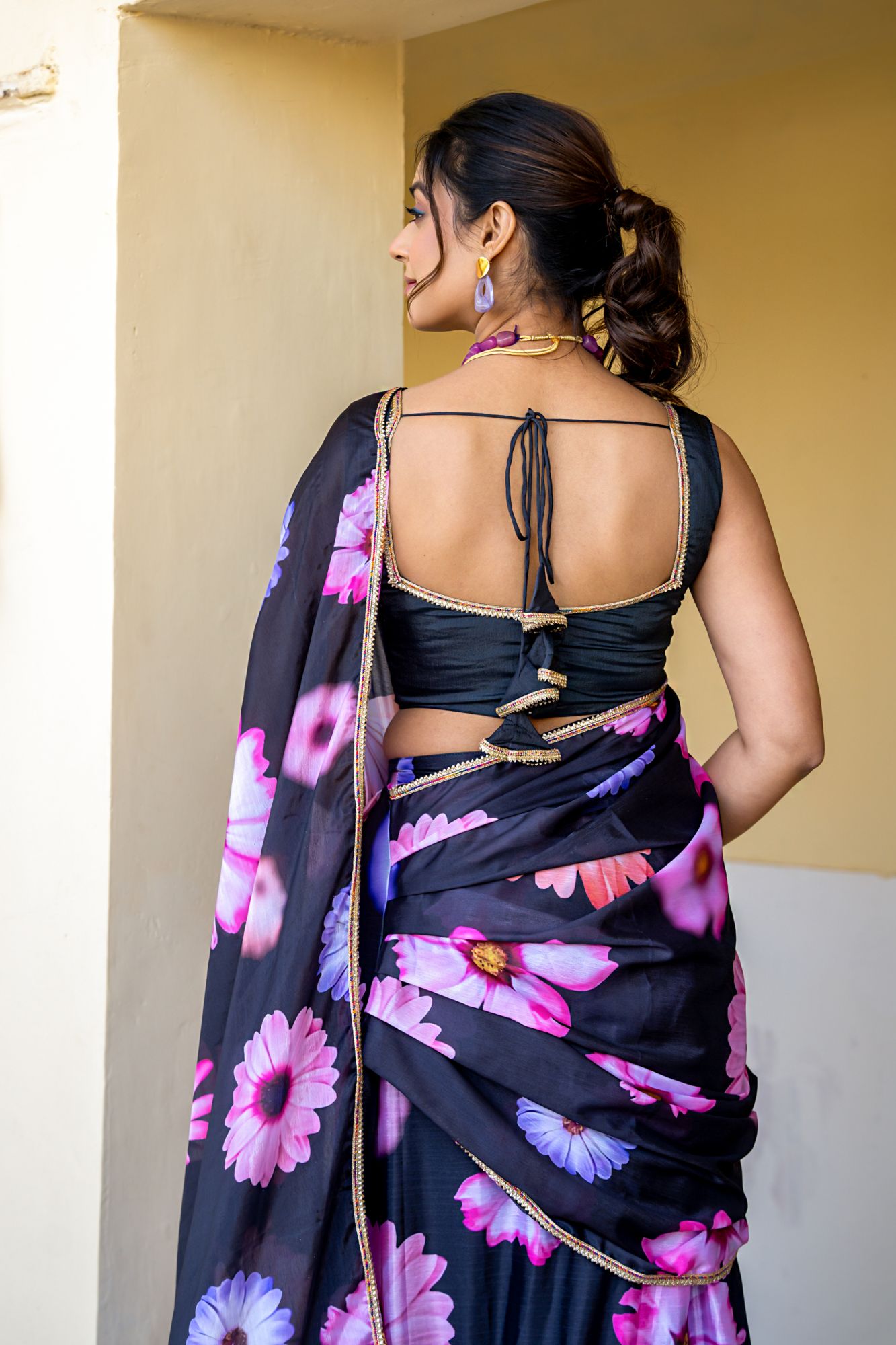 MIDNIGHT BLOOM CHINON PRE-DRAPED SAREE