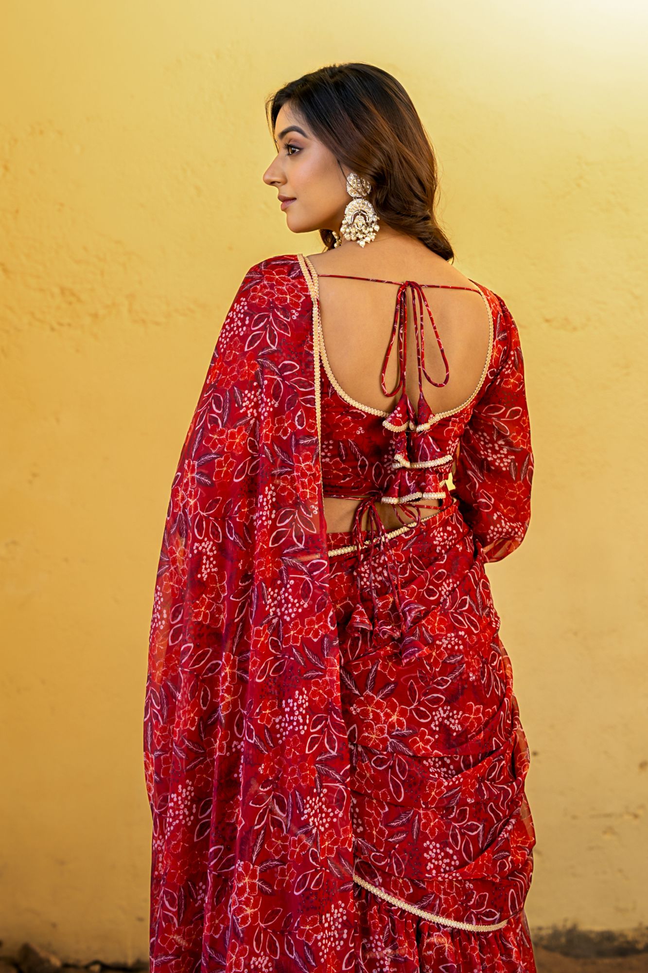 CRIMSON CHIFFON PRE-DRAPED SAREE