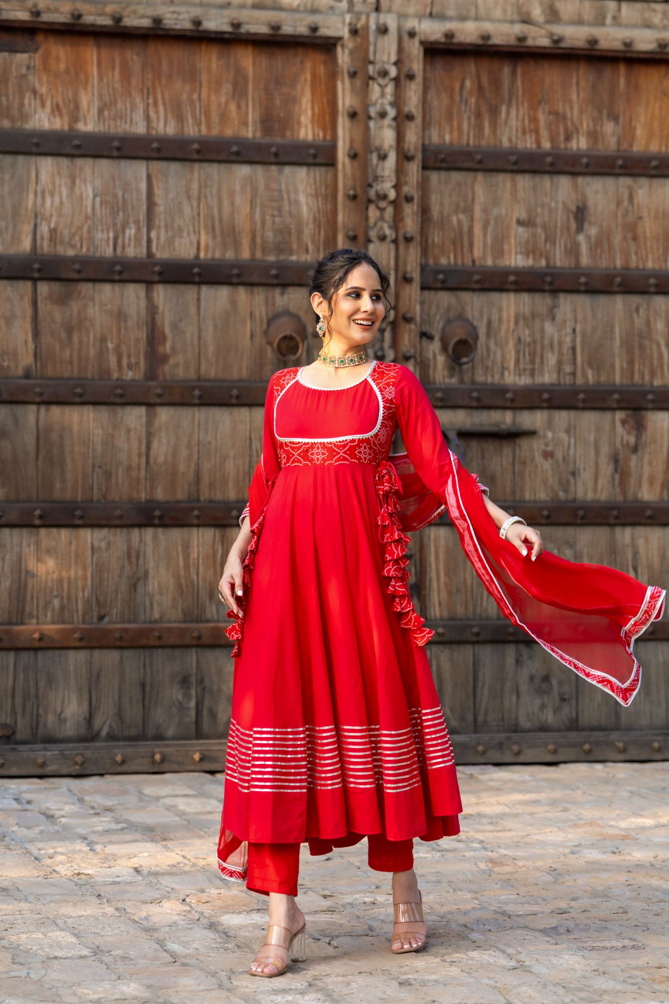 RADIANT RED BANDHANI ANARKALI SET