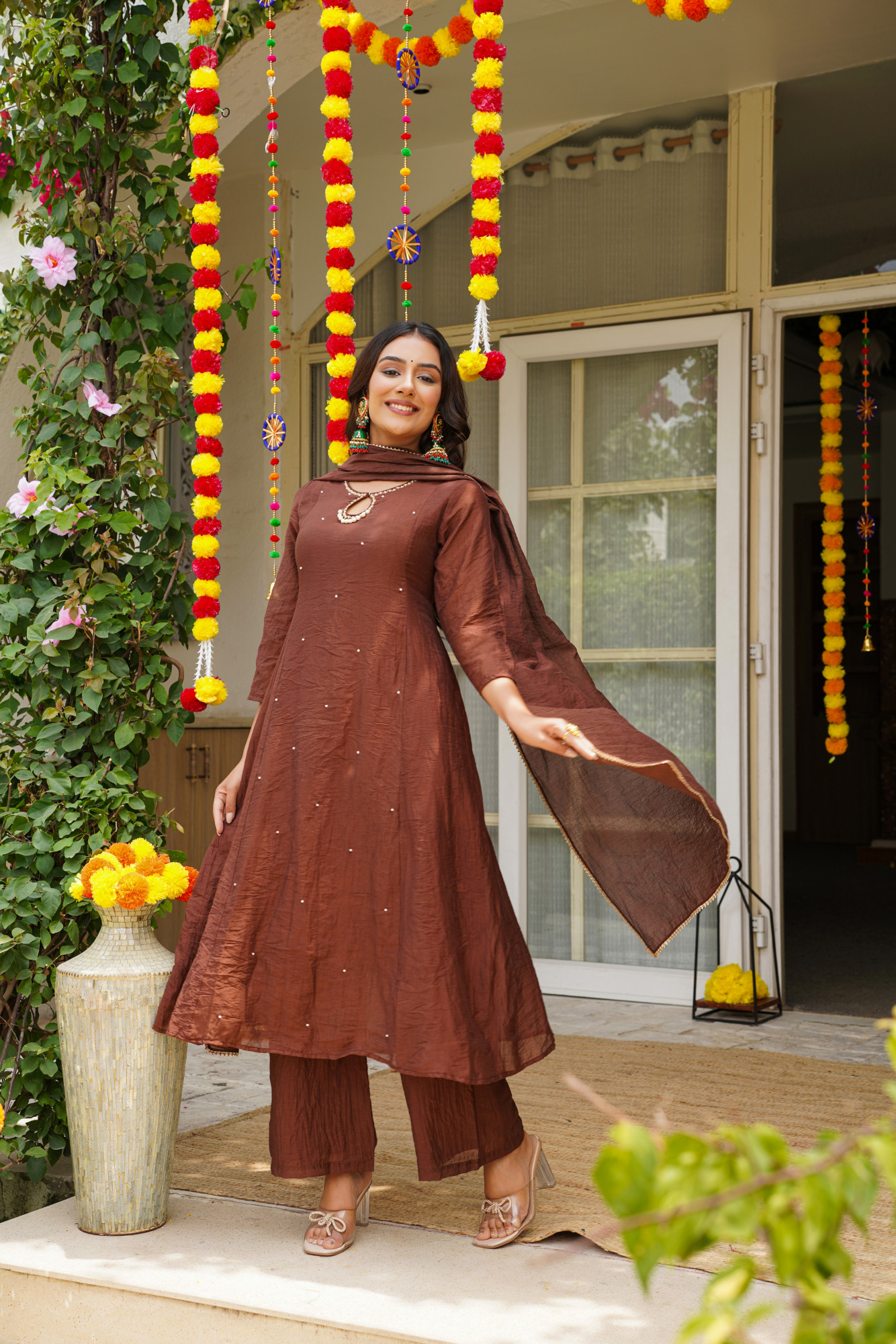 BROWN CHANDERI KURTA SET