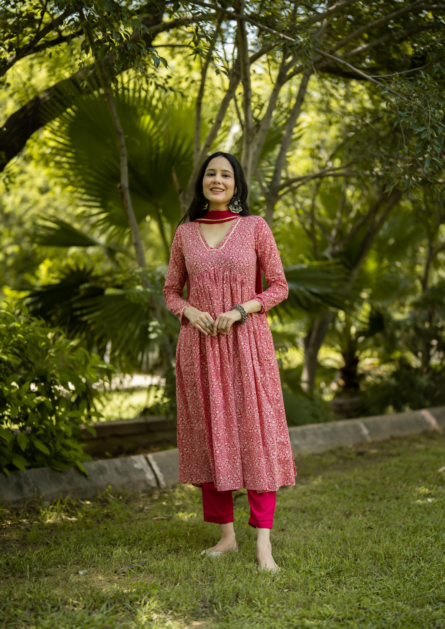 PINK COTTON FLARED KURTA SET