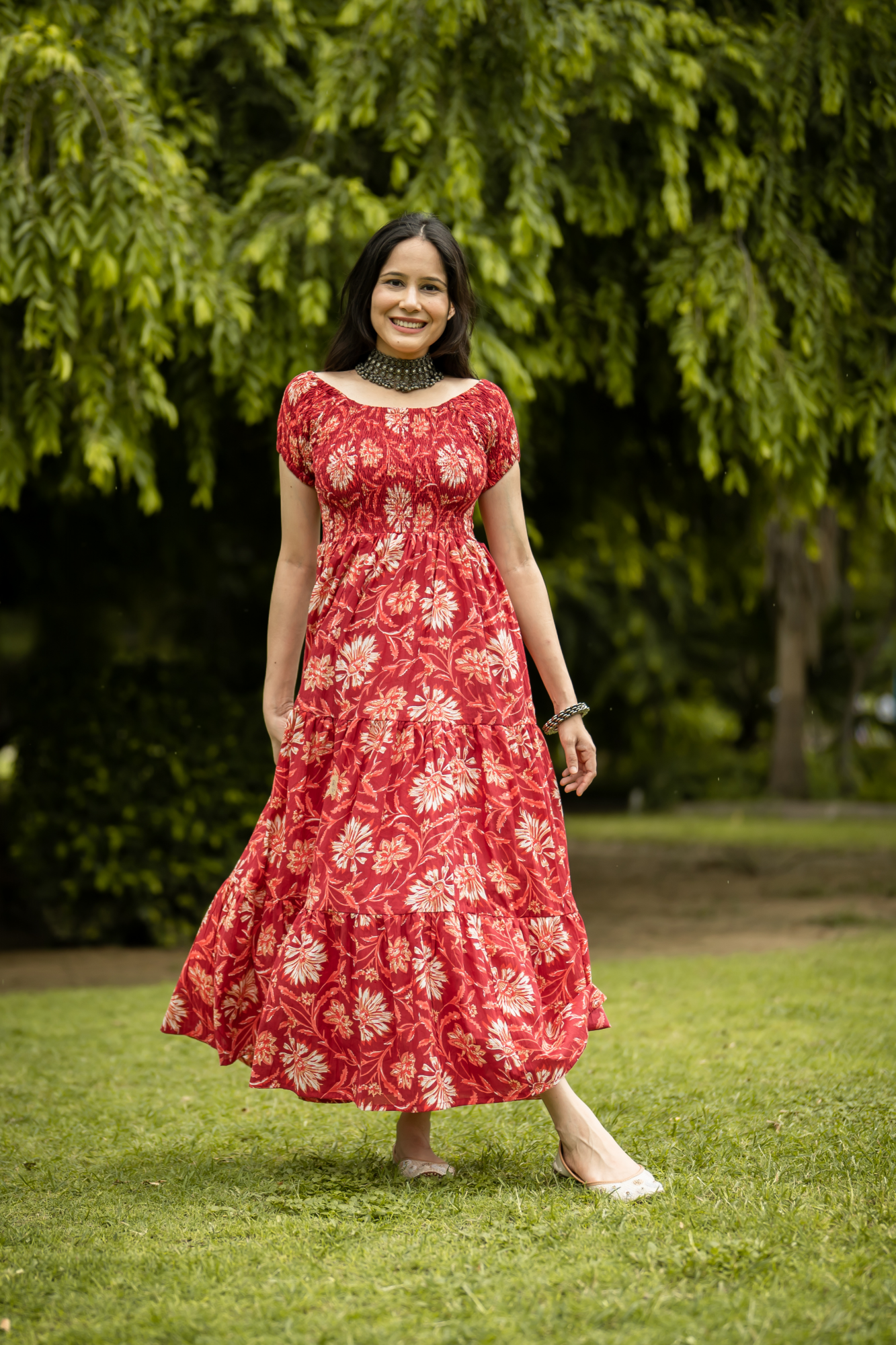 RED COTTON OFF-SHOULDER TIERED DRESS