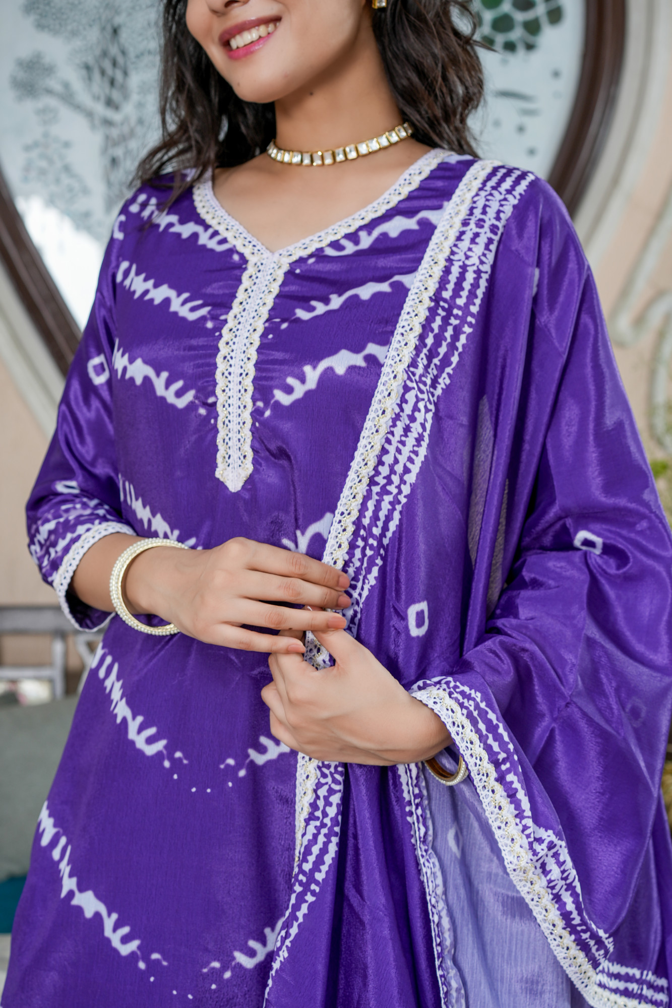 PURPLE LEHERIYA EMBELLISHED KURTA SET
