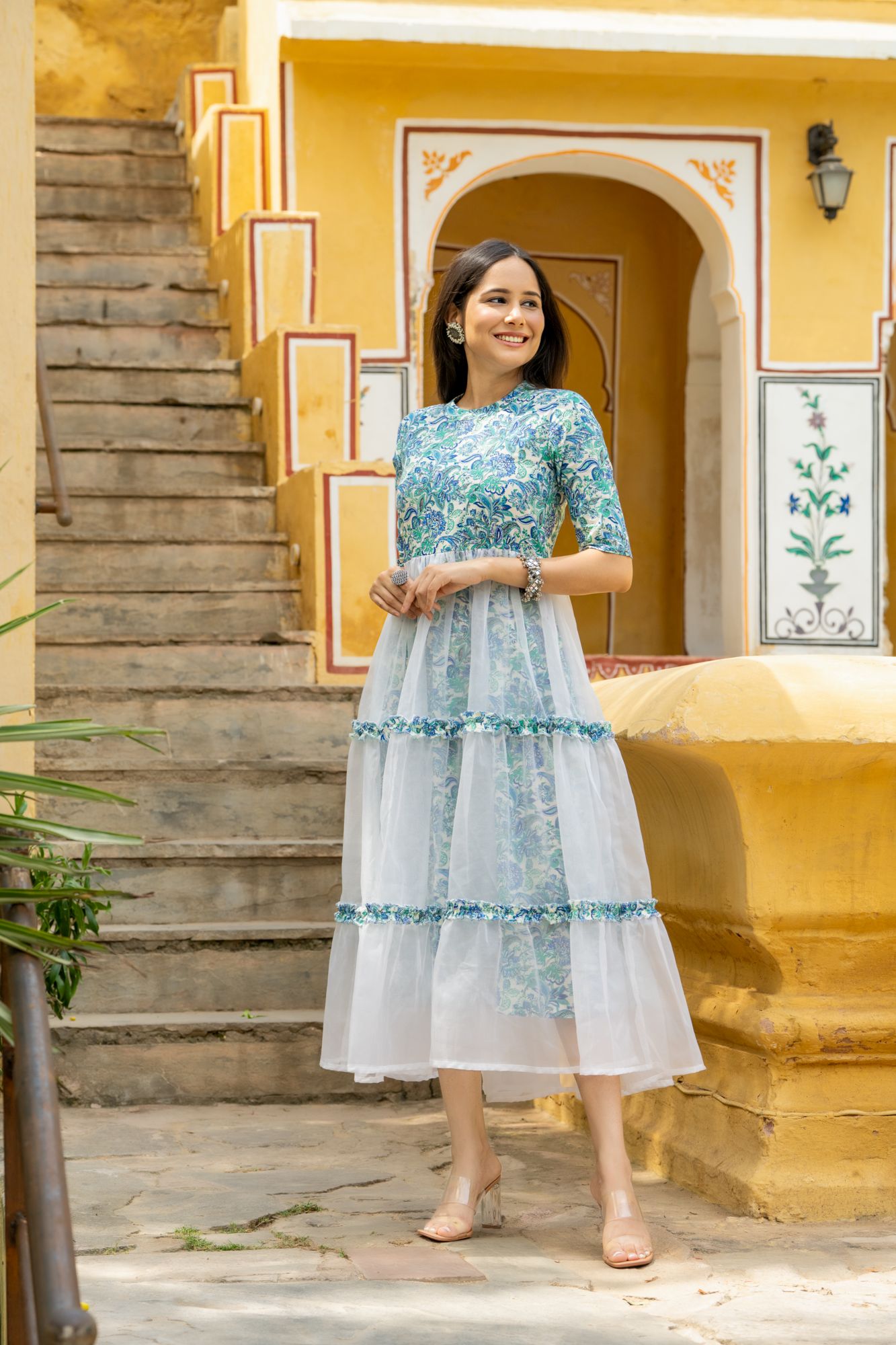 BLUE ORGANZA TIERED DRESS