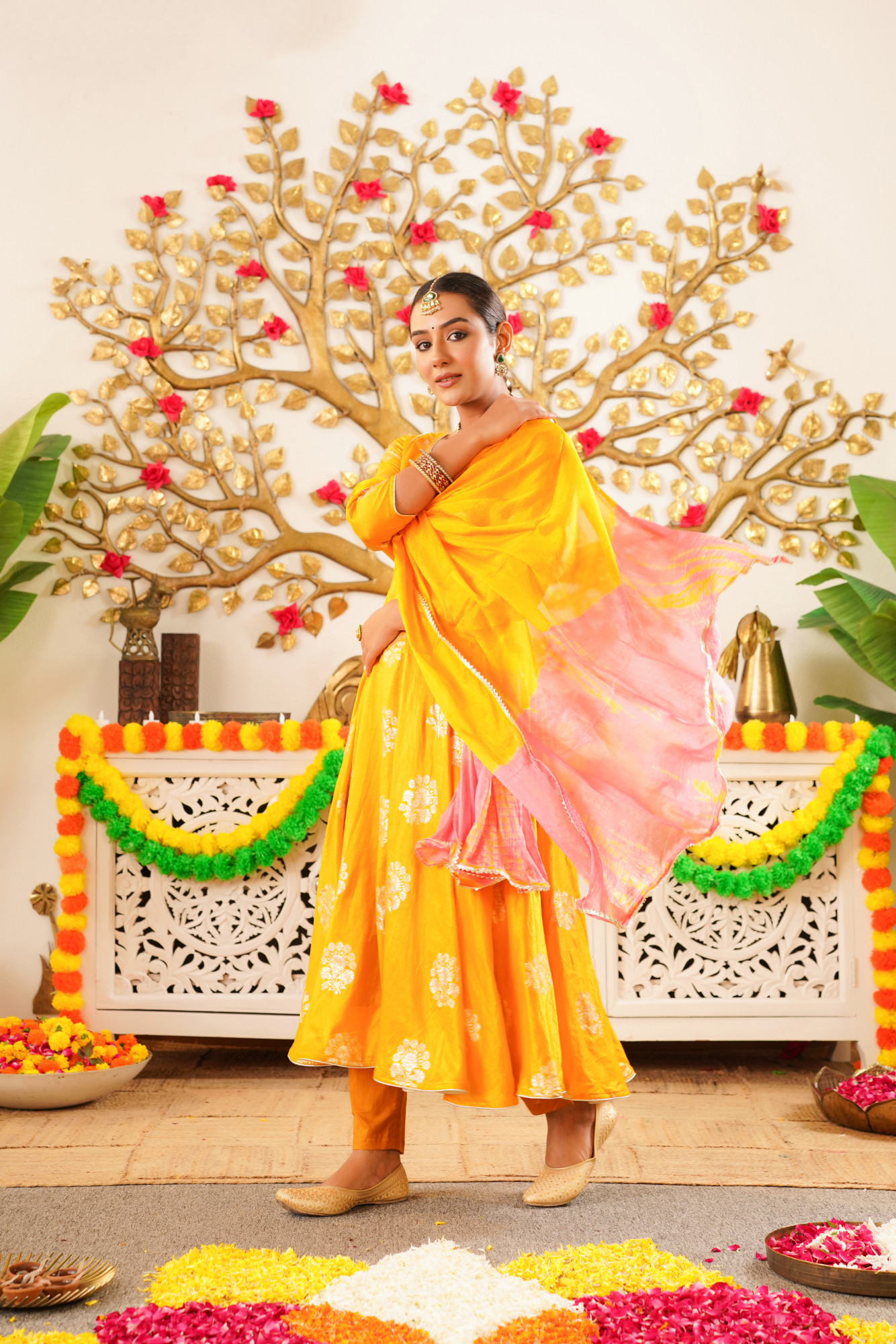 FLOWY MUSTARD SILK ANARKALI SET