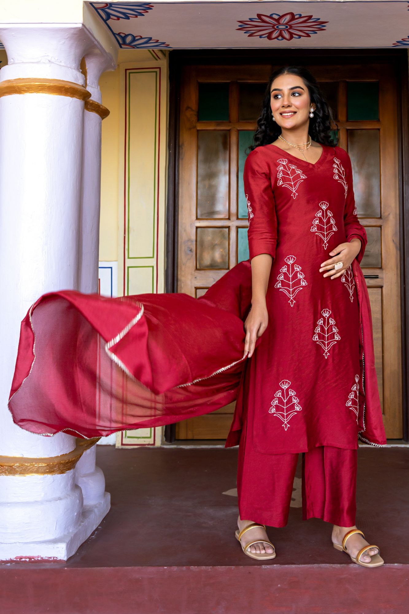 RAVYA CHANDERI THREAD KURTA SET