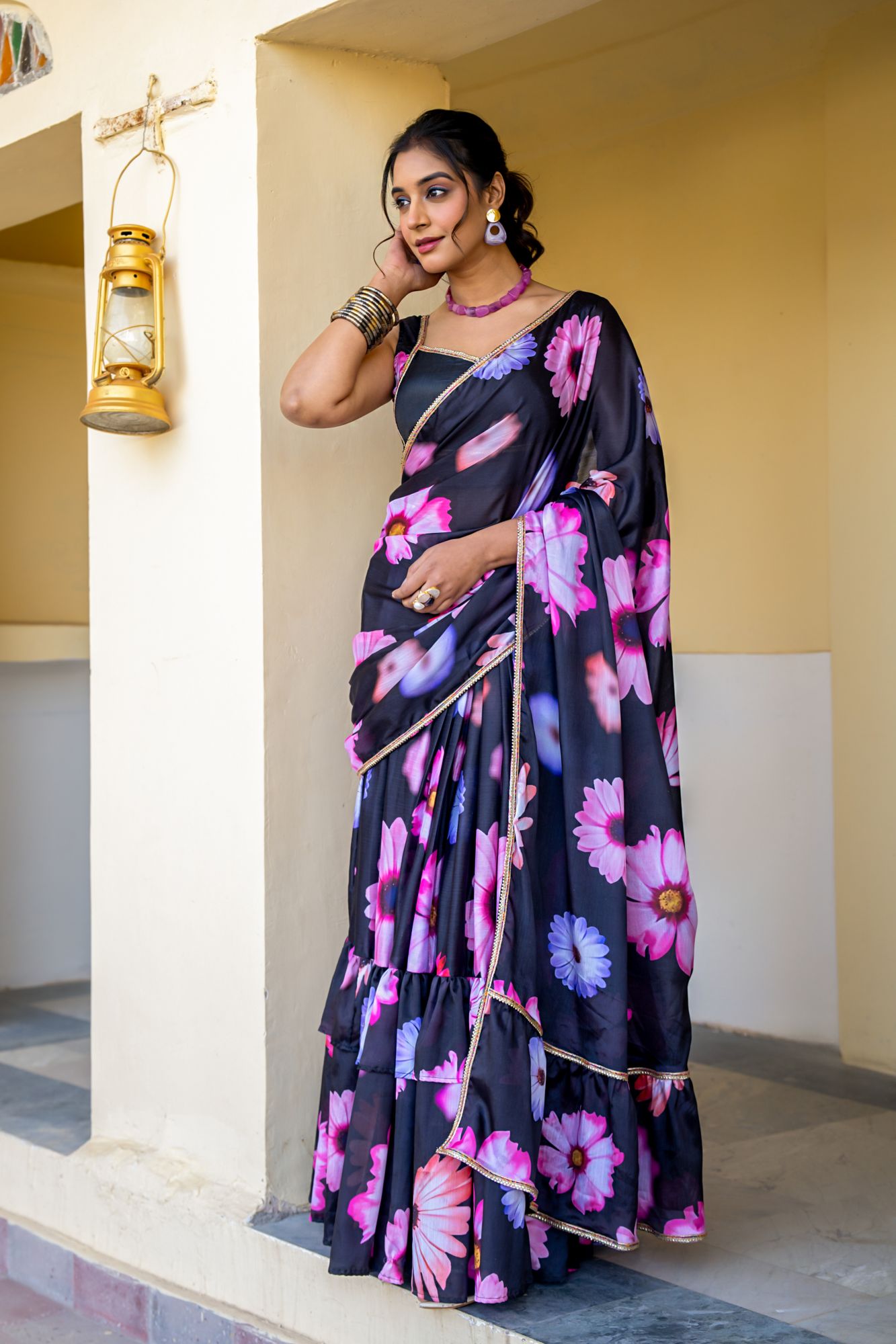 MIDNIGHT BLOOM CHINON PRE-DRAPED SAREE