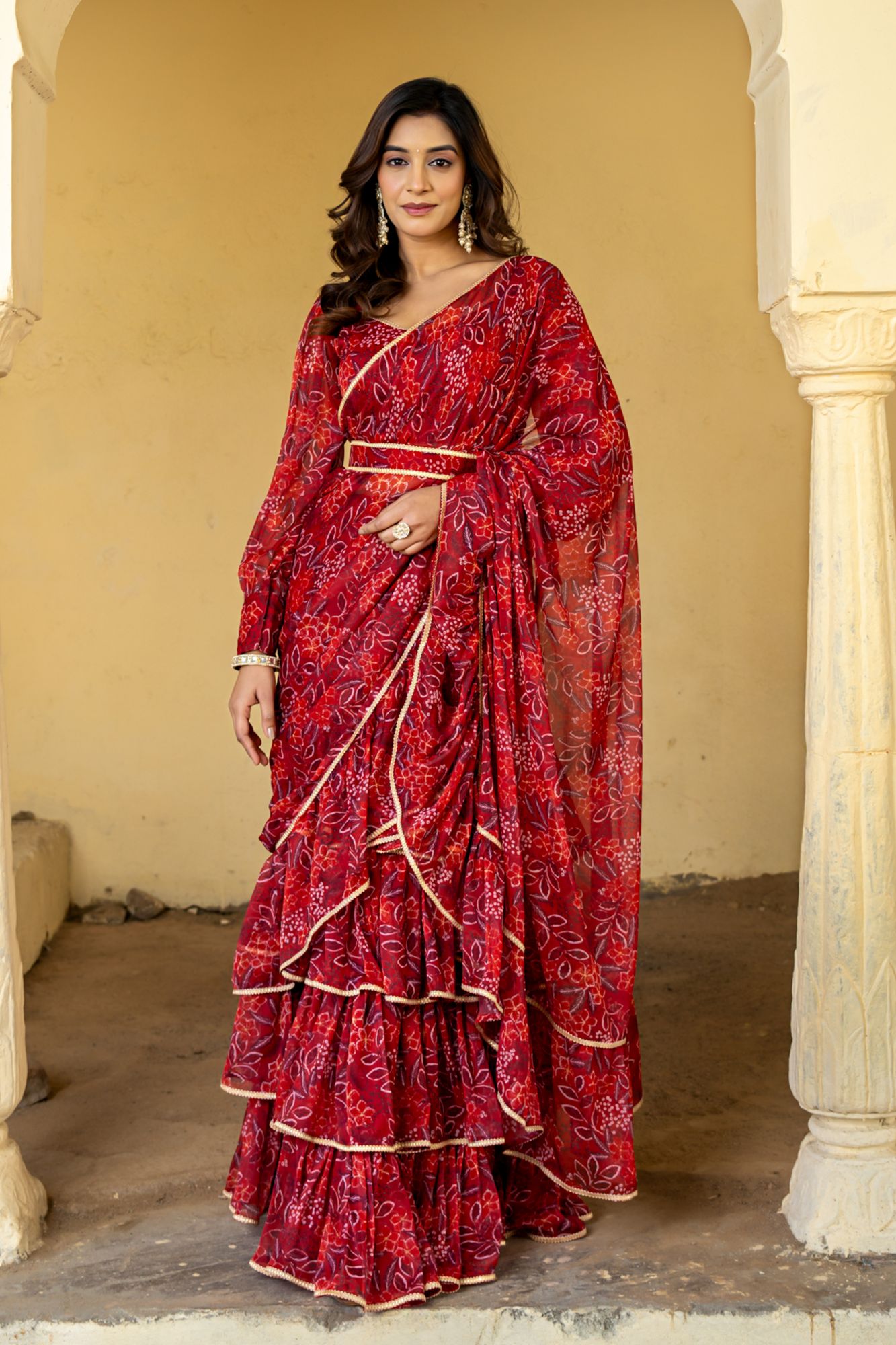 CRIMSON CHIFFON PRE-DRAPED SAREE