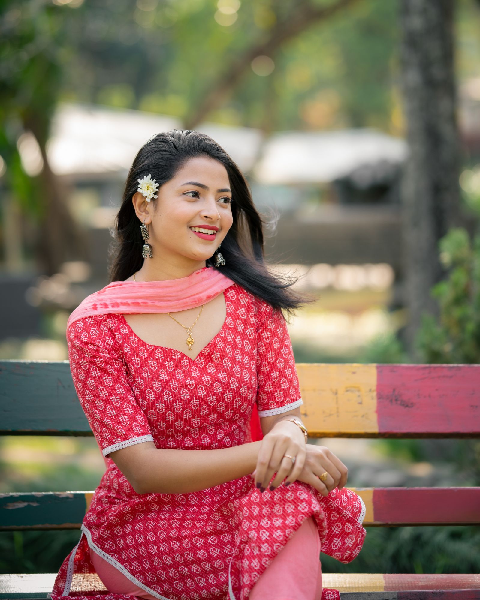 RED COTTON KANTHA KURTA SET