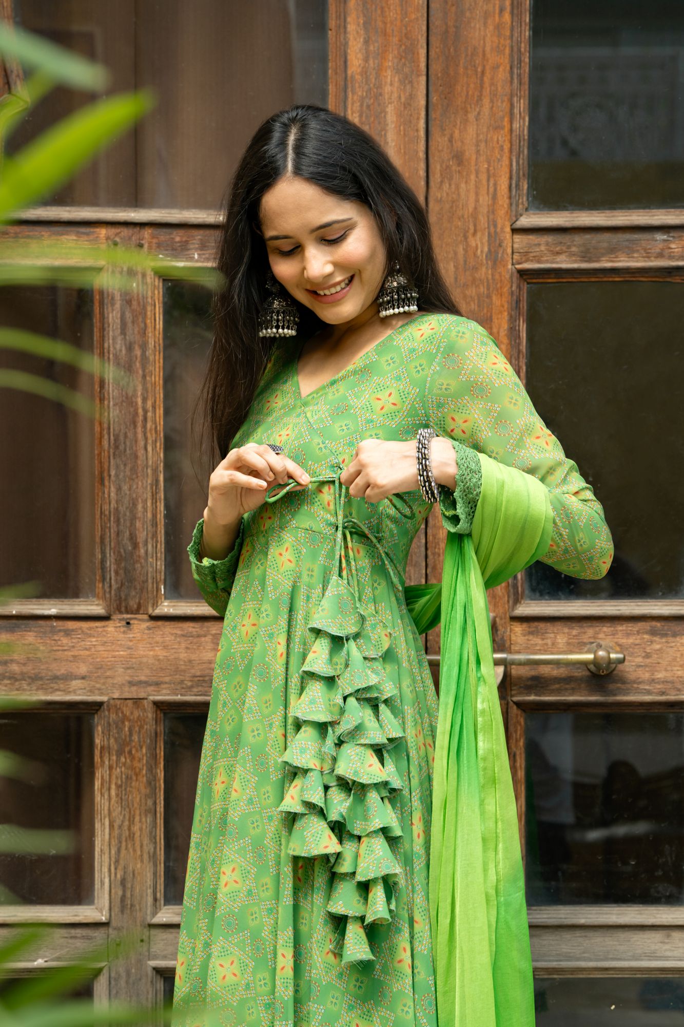GREEN GEORGETTE BANDHEJ SUIT SET