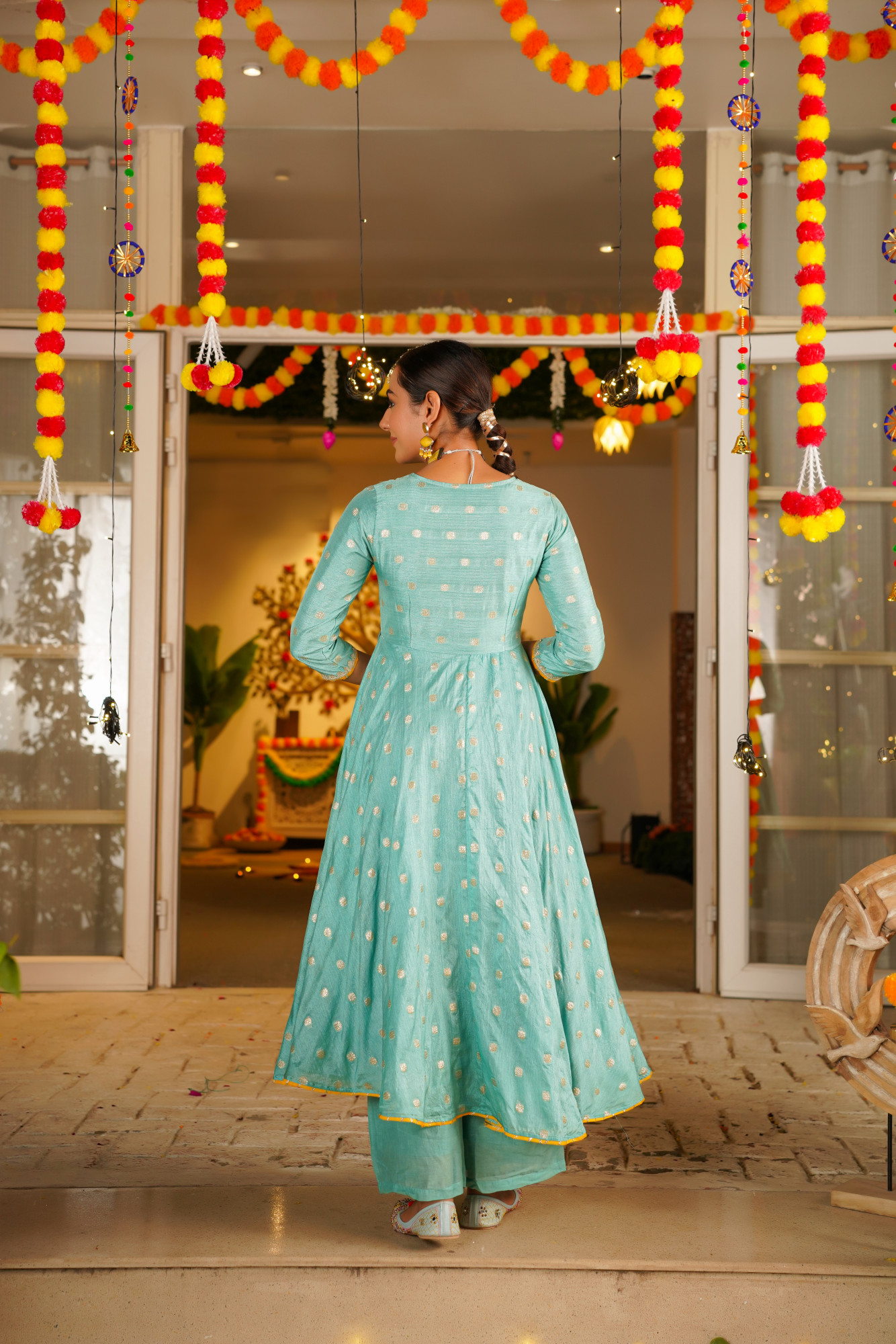 TURQUOISE SILK ANARKALI SET
