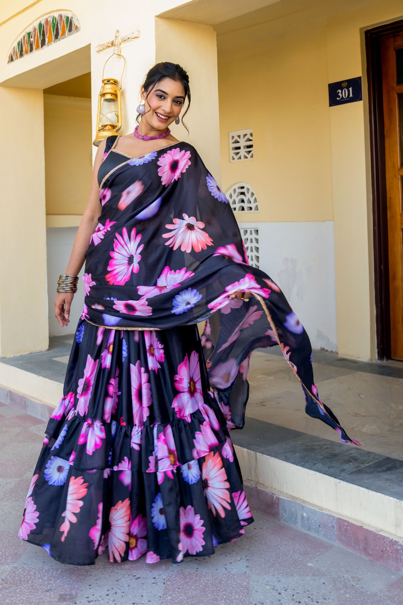 MIDNIGHT BLOOM CHINON PRE-DRAPED SAREE