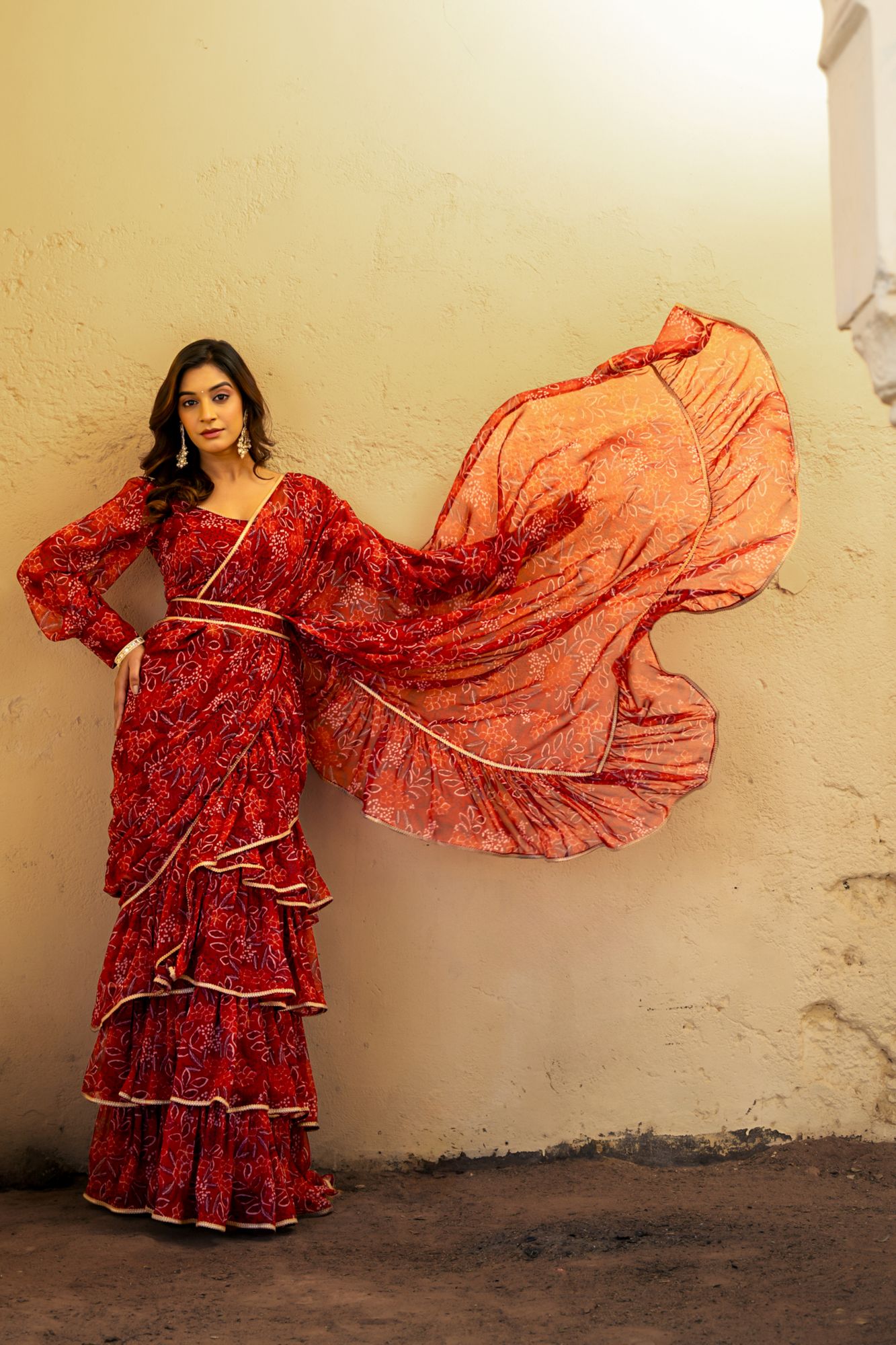 CRIMSON CHIFFON PRE-DRAPED SAREE