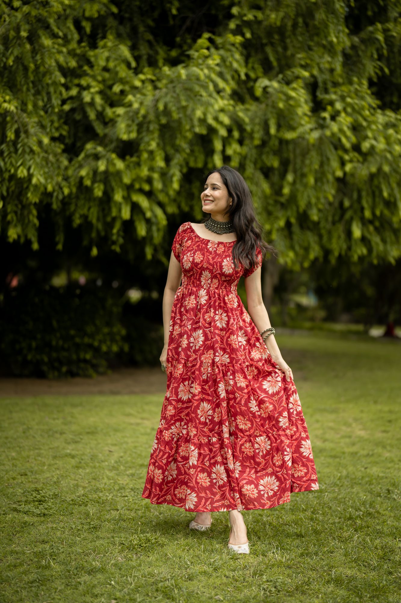 RED COTTON OFF-SHOULDER TIERED DRESS