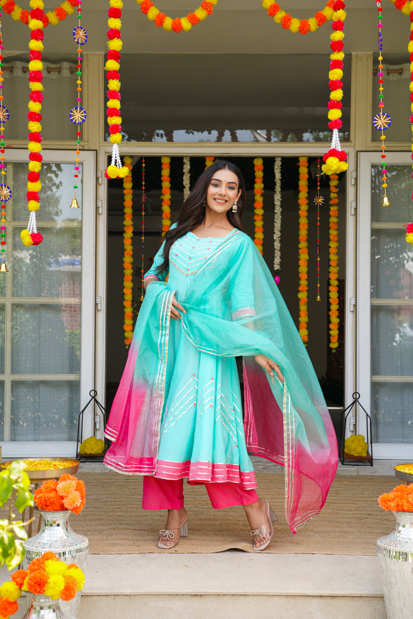 TURKQUOISE GOTA CHARM ANARKALI SET