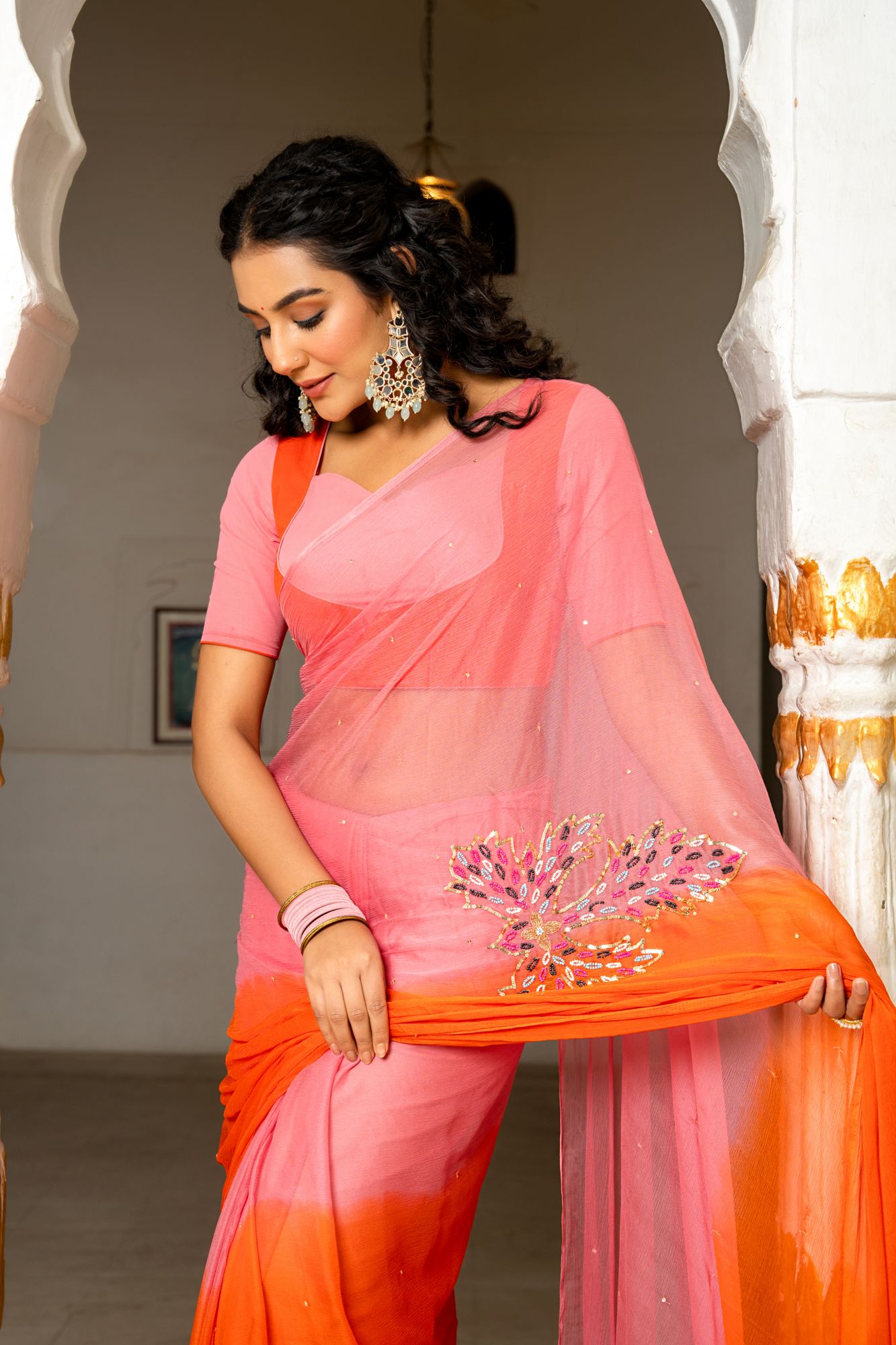 RANGRATAN BEADS WORK CHIFFON SAREE