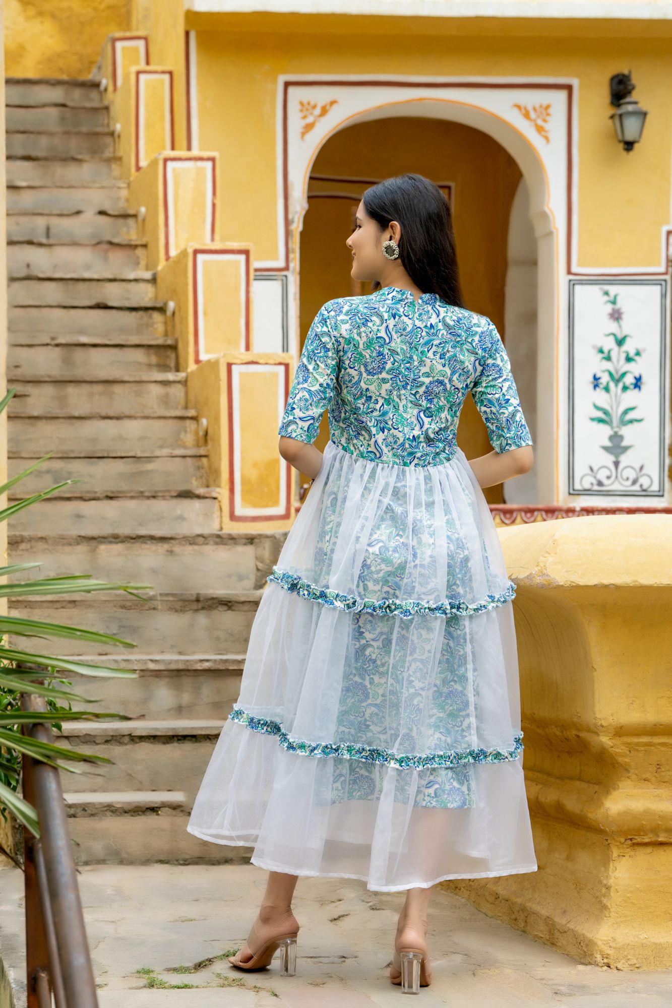 BLUE ORGANZA TIERED DRESS