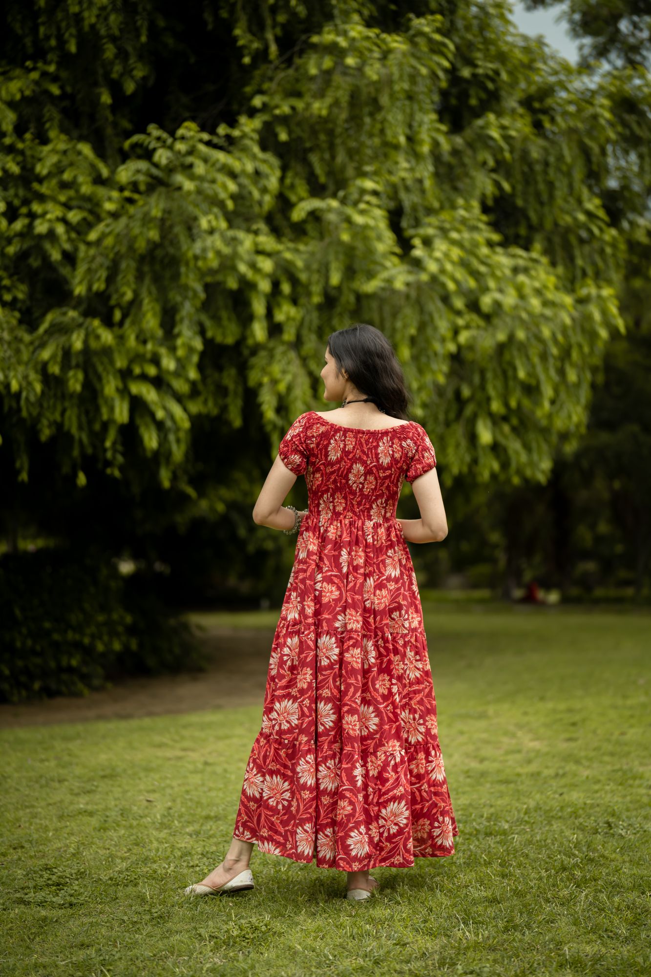 RED COTTON OFF-SHOULDER TIERED DRESS