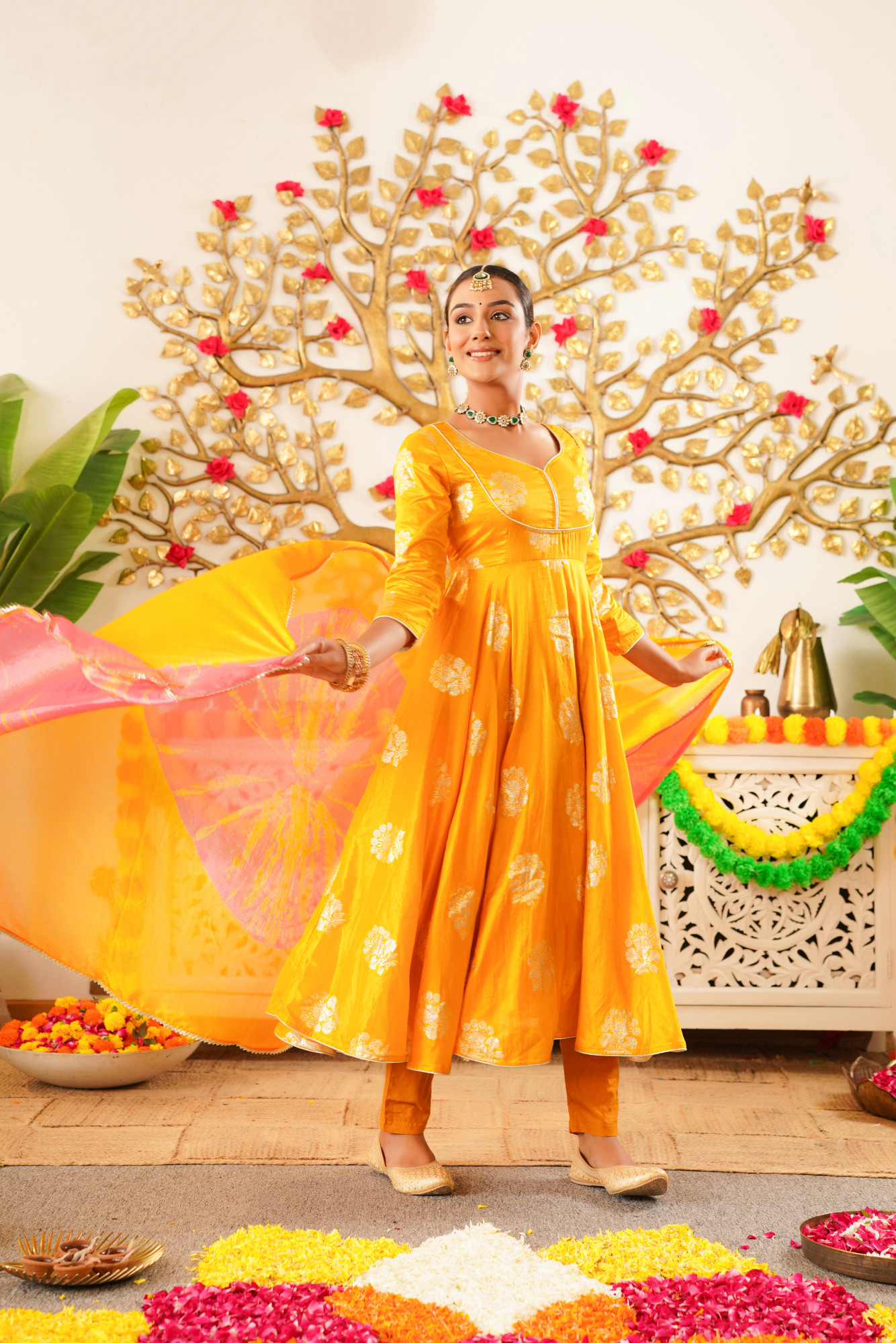 FLOWY MUSTARD SILK ANARKALI SET