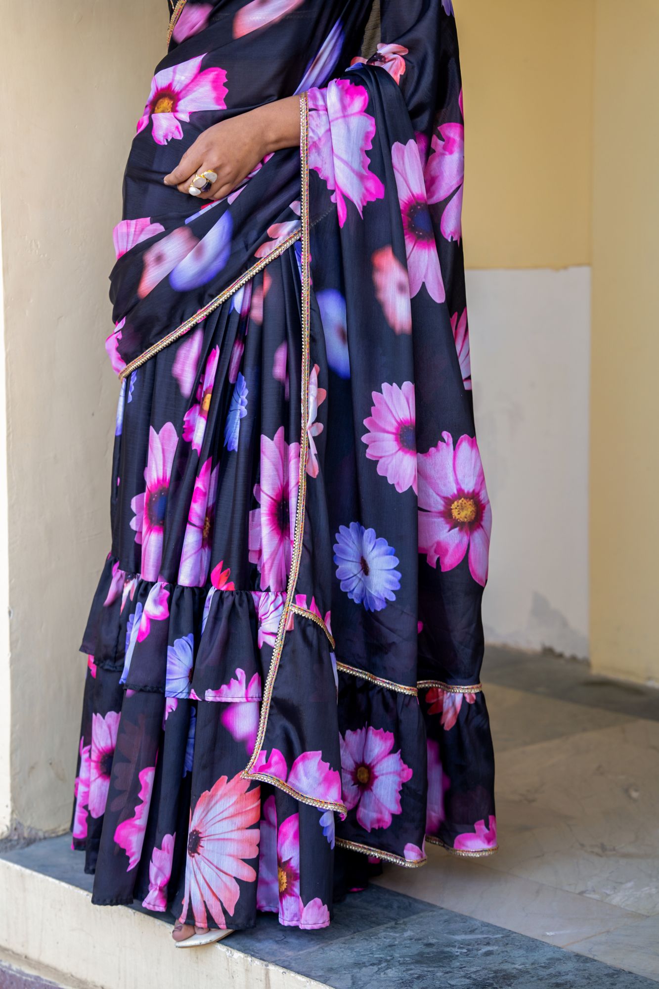 MIDNIGHT BLOOM CHINON PRE-DRAPED SAREE