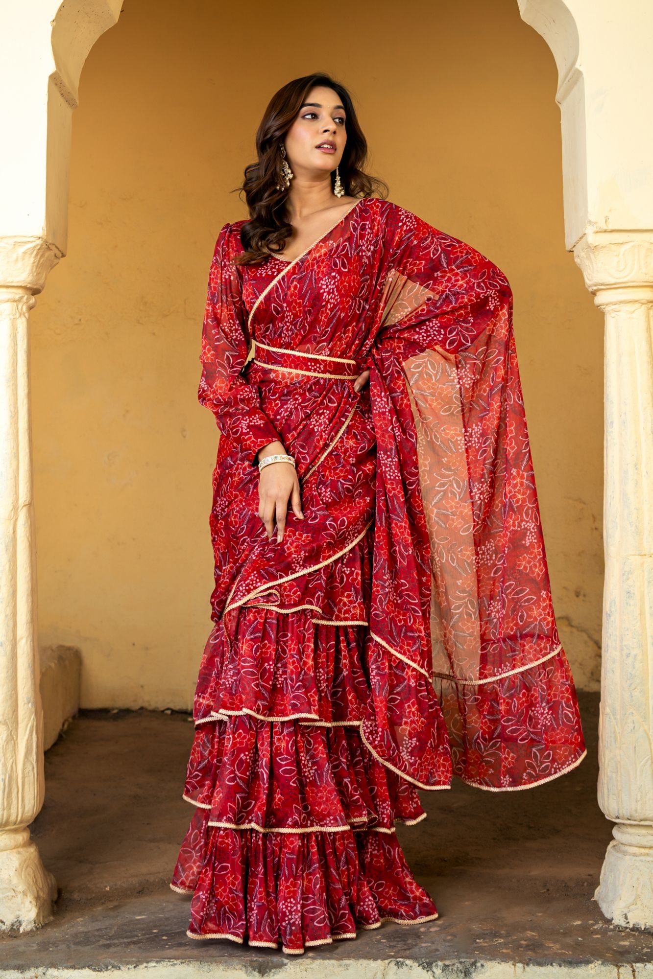 CRIMSON CHIFFON PRE-DRAPED SAREE