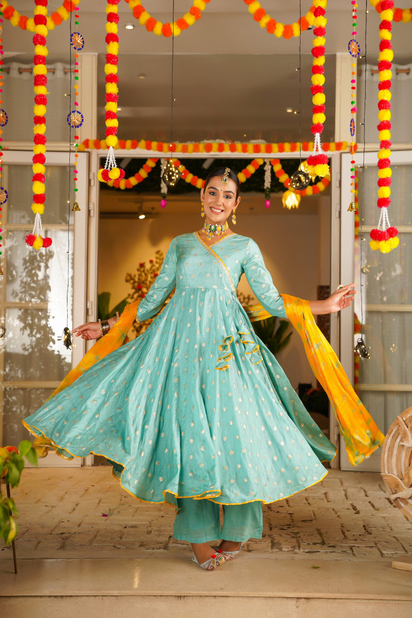 TURQUOISE SILK ANARKALI SET