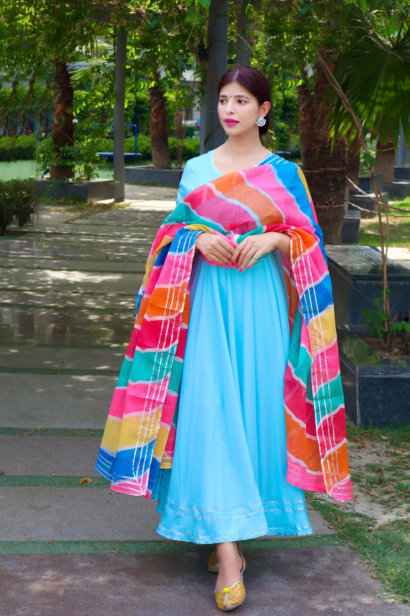 AQUA BLUE FLARED KOTA DORIYA SUIT SET