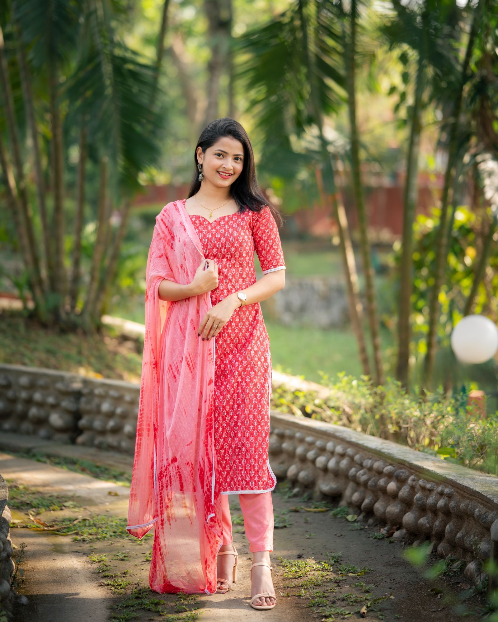 RED COTTON KANTHA KURTA SET