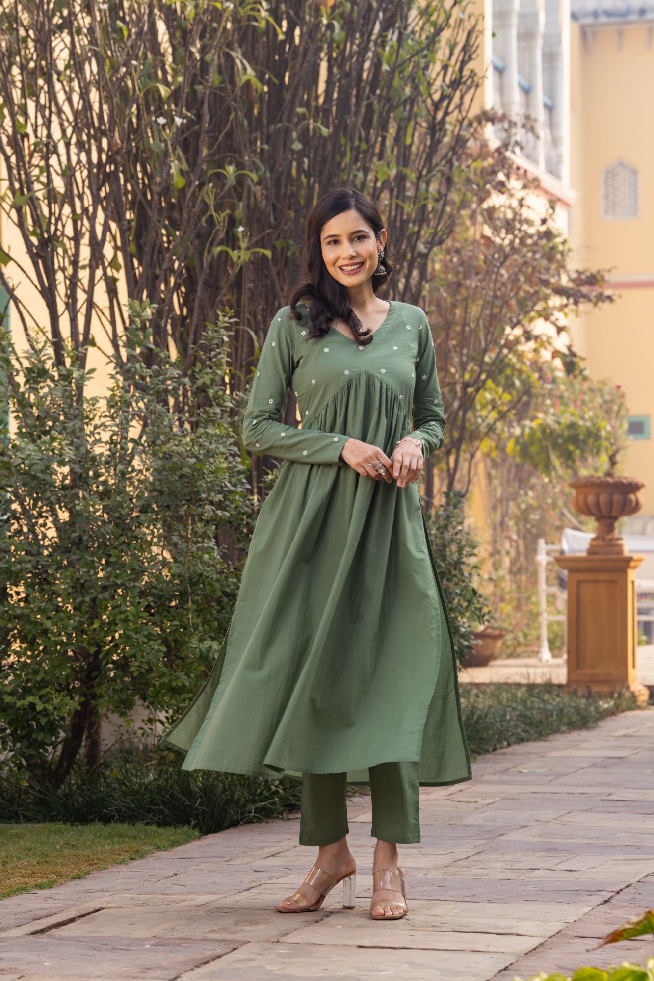 OLIVE EMBROIDERY KURTA SET