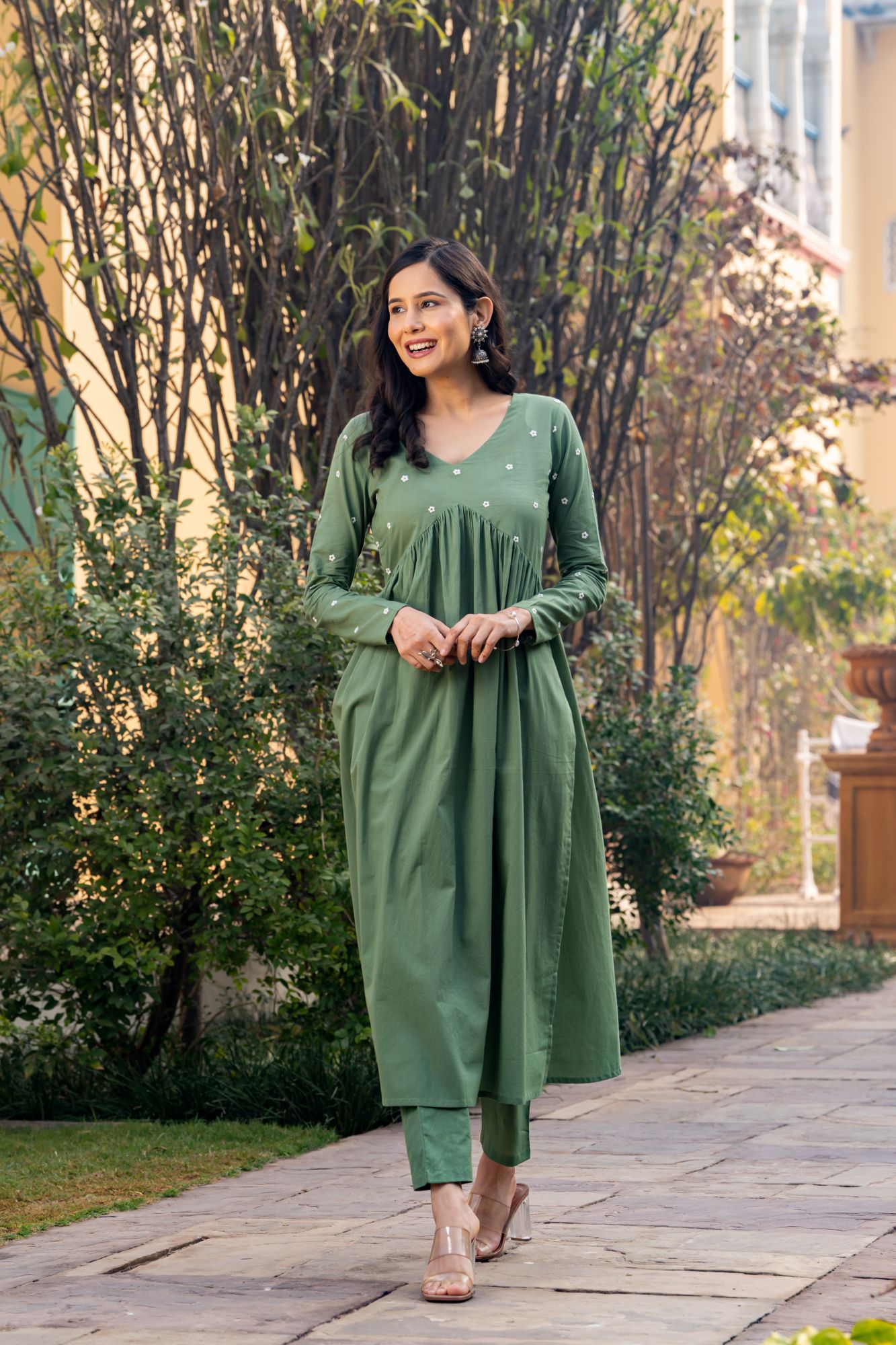 OLIVE EMBROIDERY KURTA SET