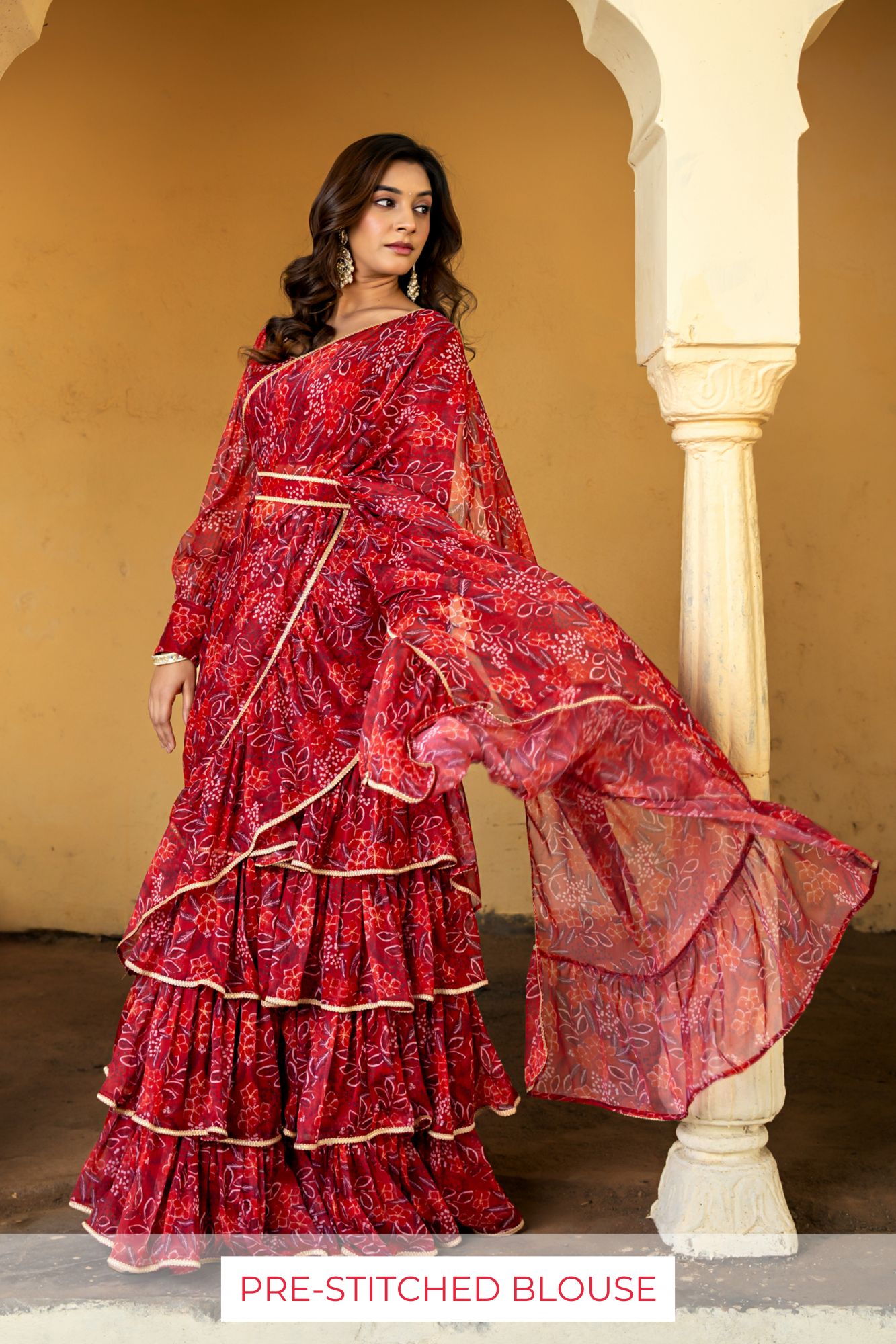 CRIMSON CHIFFON PRE-DRAPED SAREE