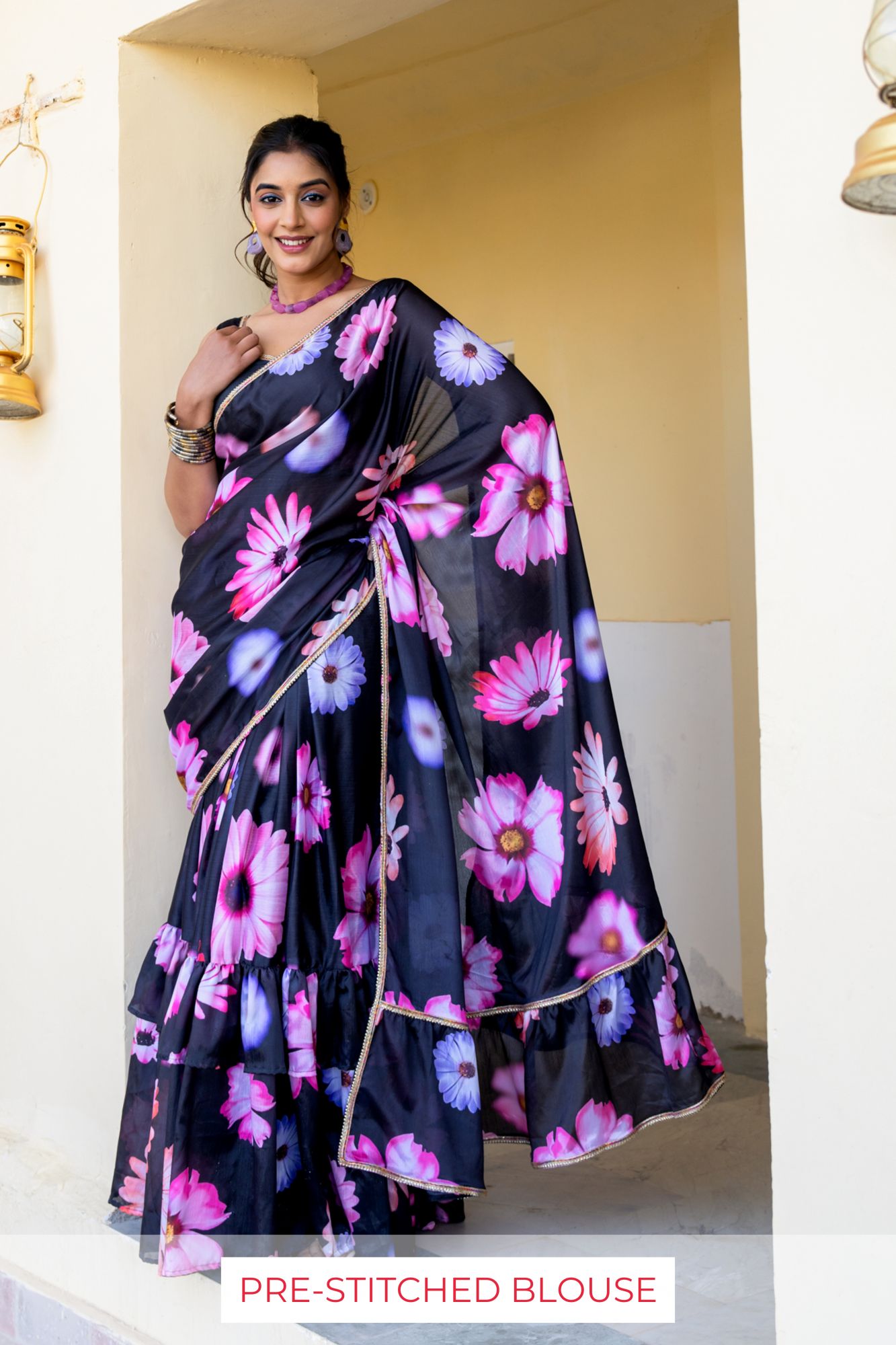 MIDNIGHT BLOOM CHINON PRE-DRAPED SAREE